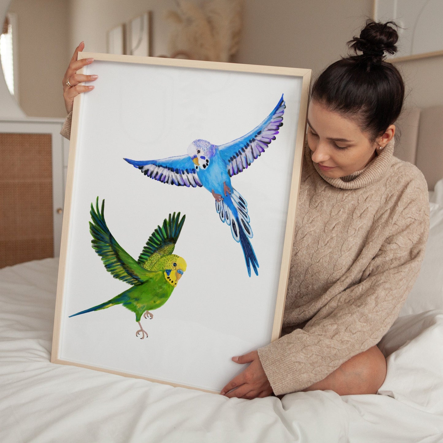 Flying Budgies Art Print – Colorful Blue and Green Parakeet Decor - MerikaArt