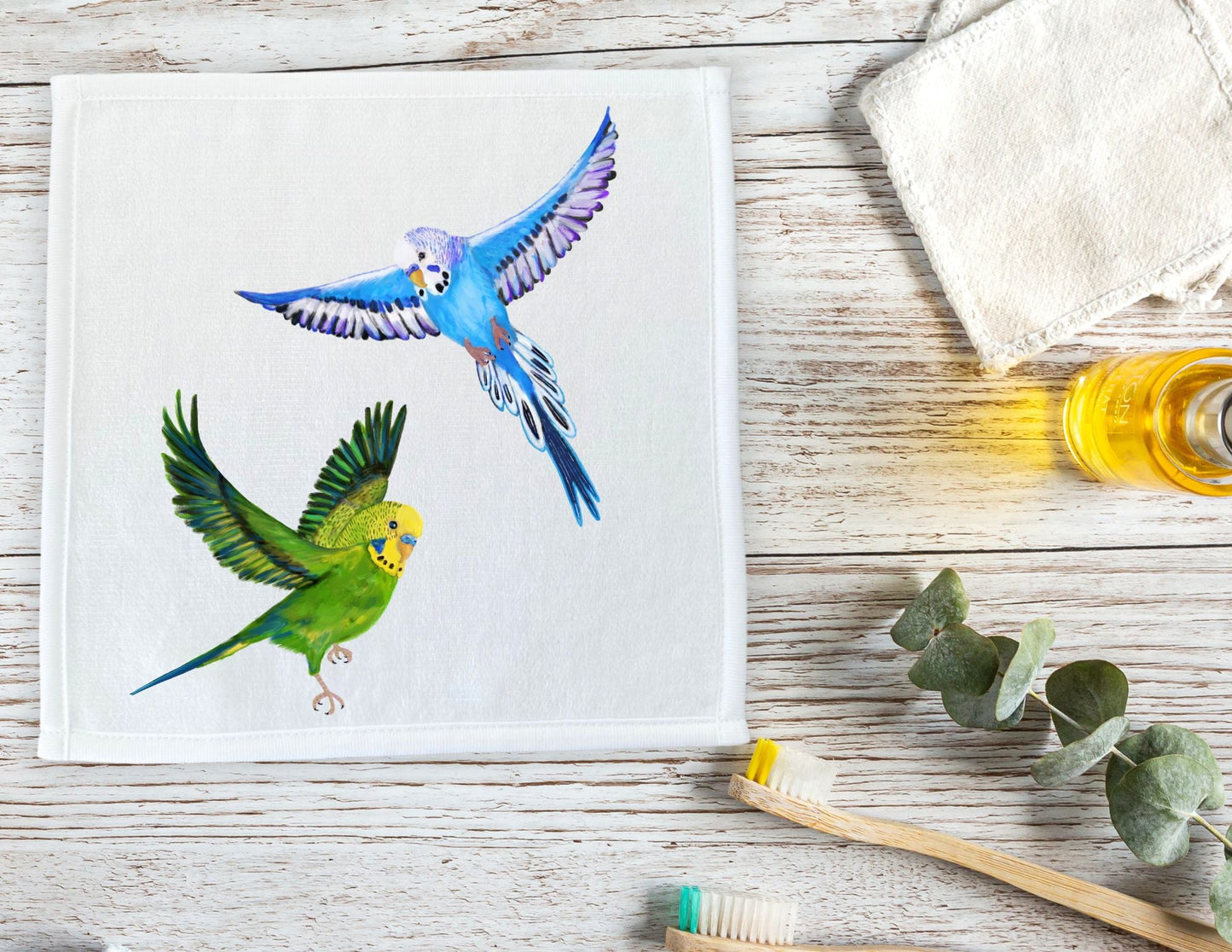 Flying Budgies Washcloth - MerikaArt