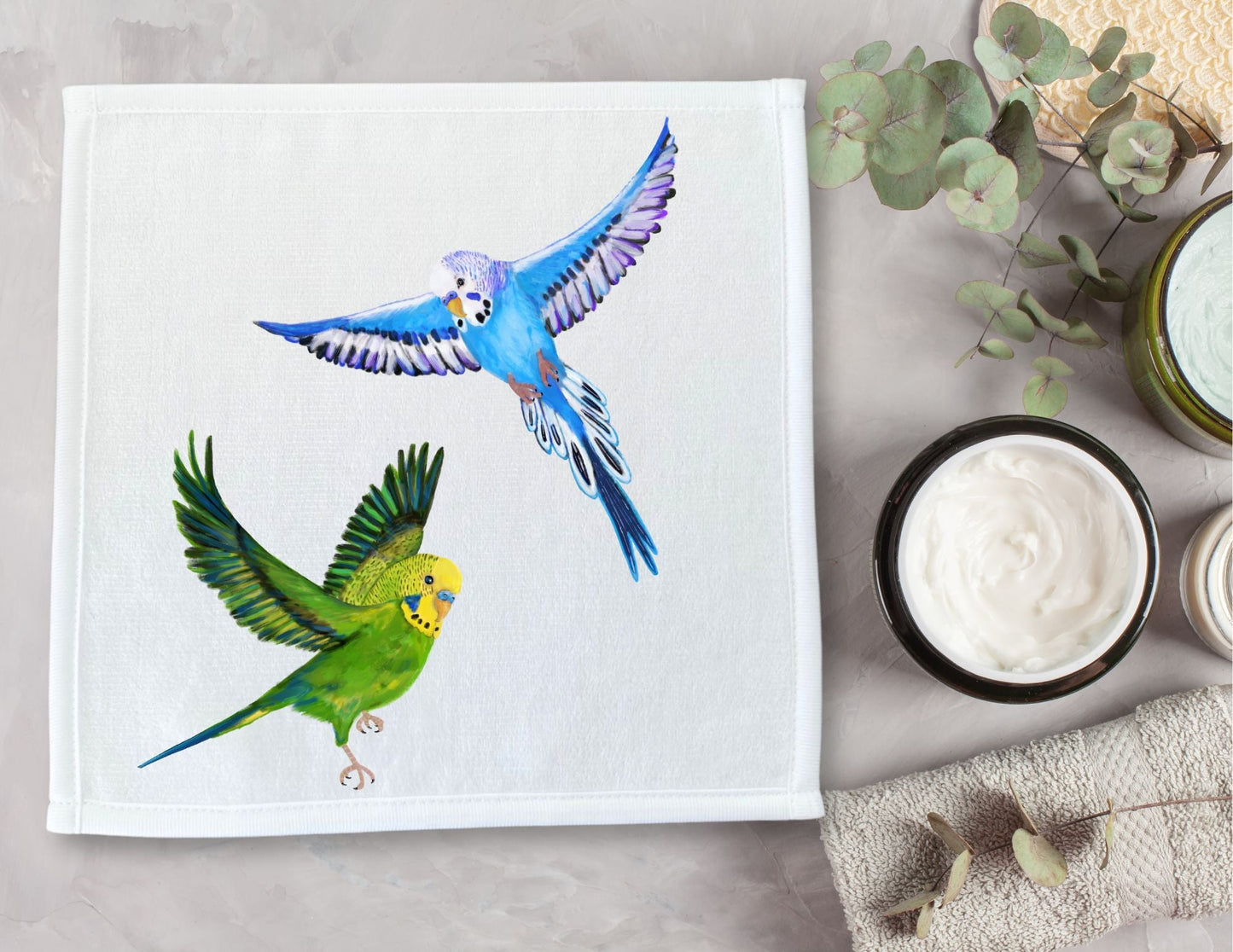 Flying Budgies Washcloth - MerikaArt