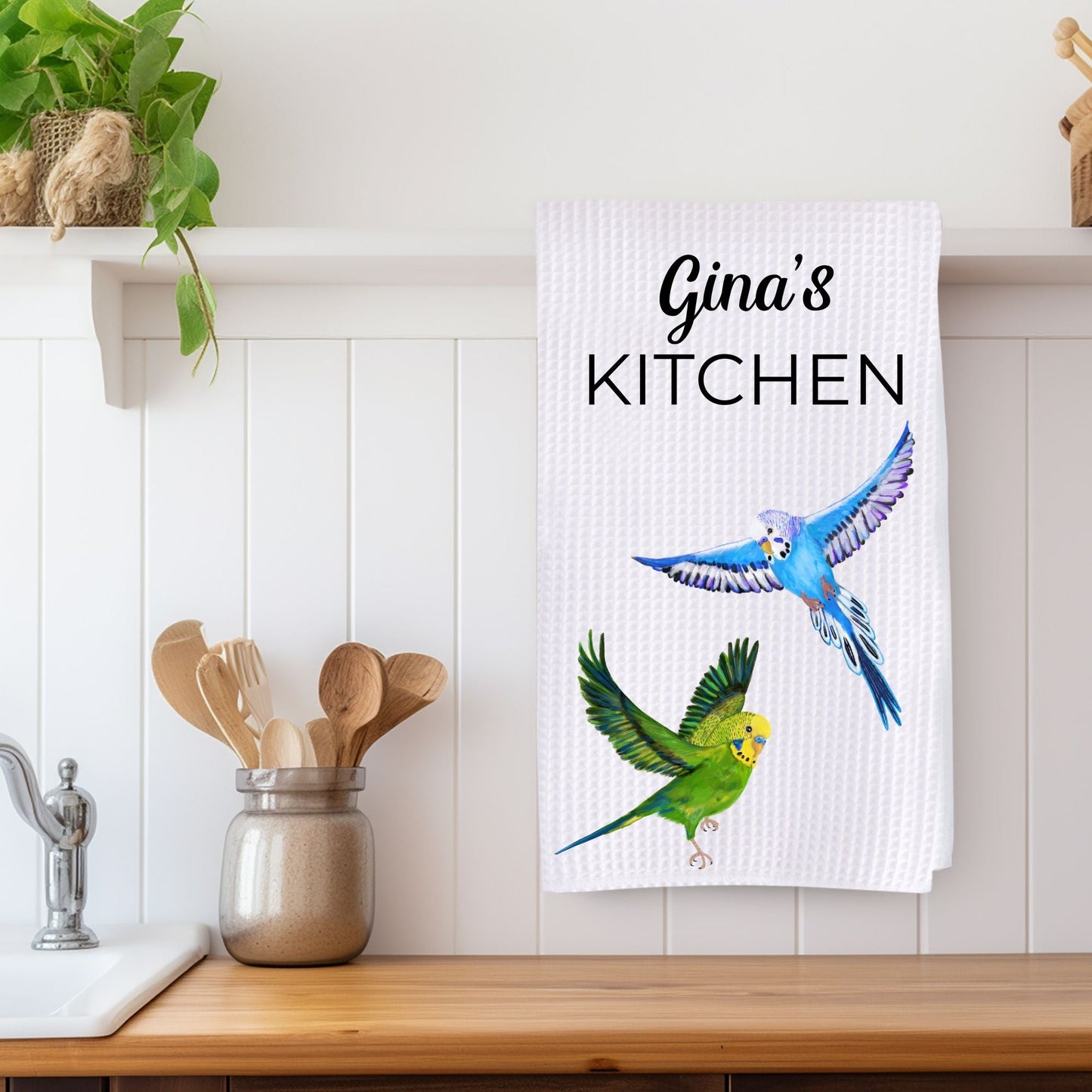 Flying Green And Blue Budgies Kitchen Towel - MerikaArt