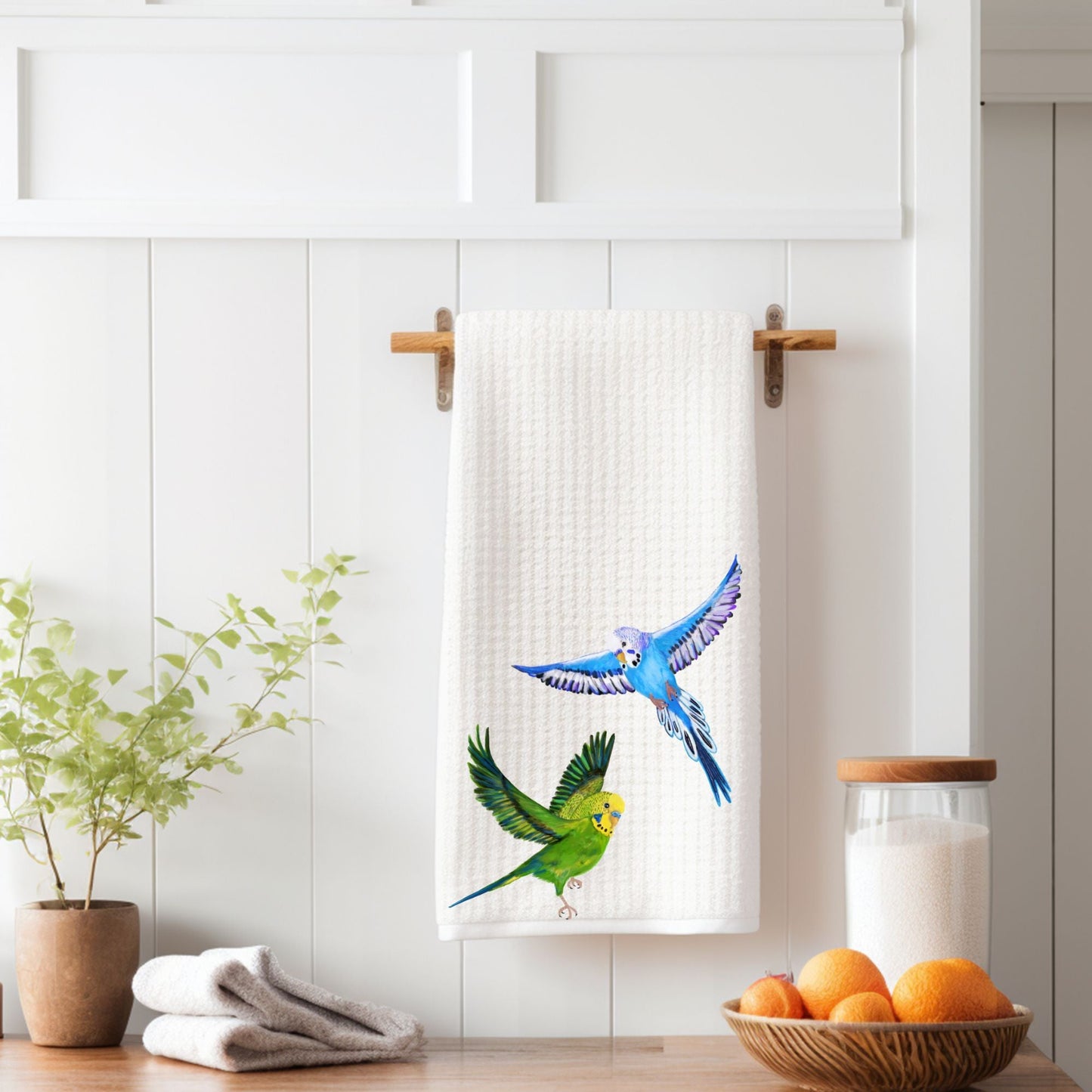 Flying Green And Blue Budgies Kitchen Towel - MerikaArt