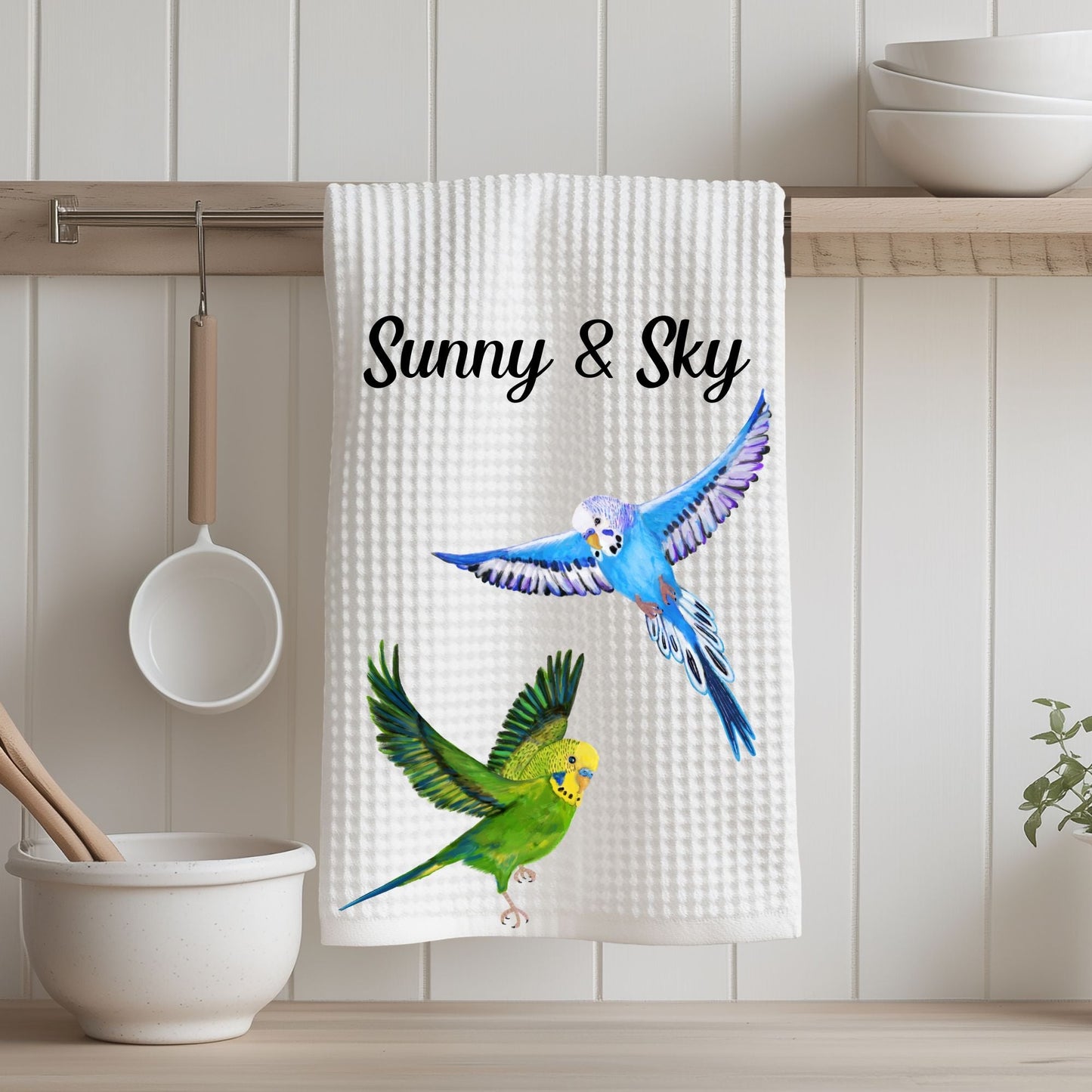 Flying Green And Blue Budgies Kitchen Towel - MerikaArt