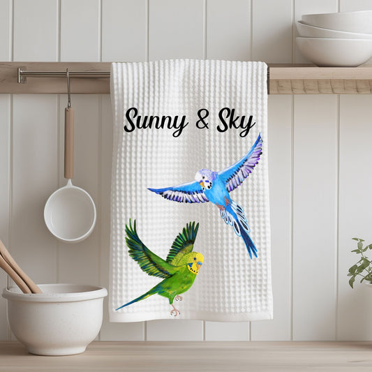 Flying Green And Blue Budgies Kitchen Towel - MerikaArt
