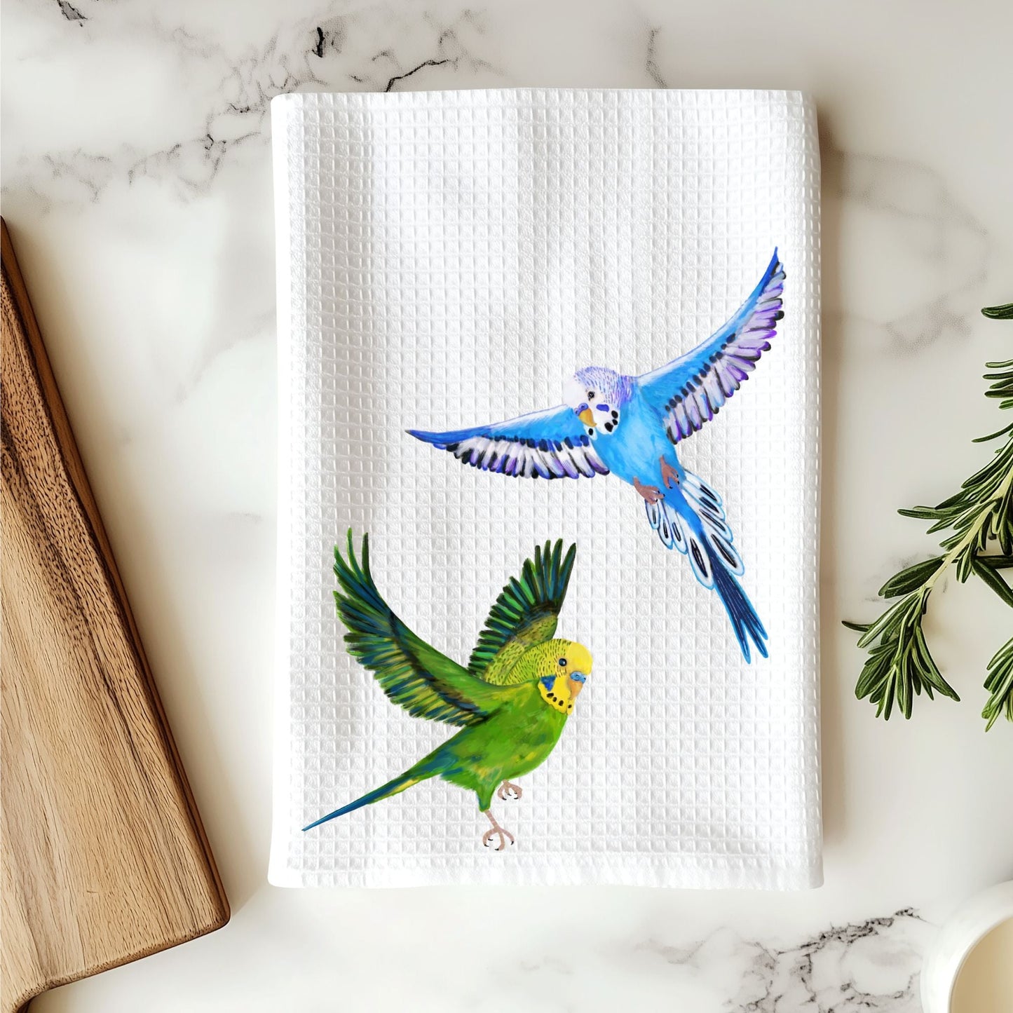 Flying Green And Blue Budgies Kitchen Towel - MerikaArt