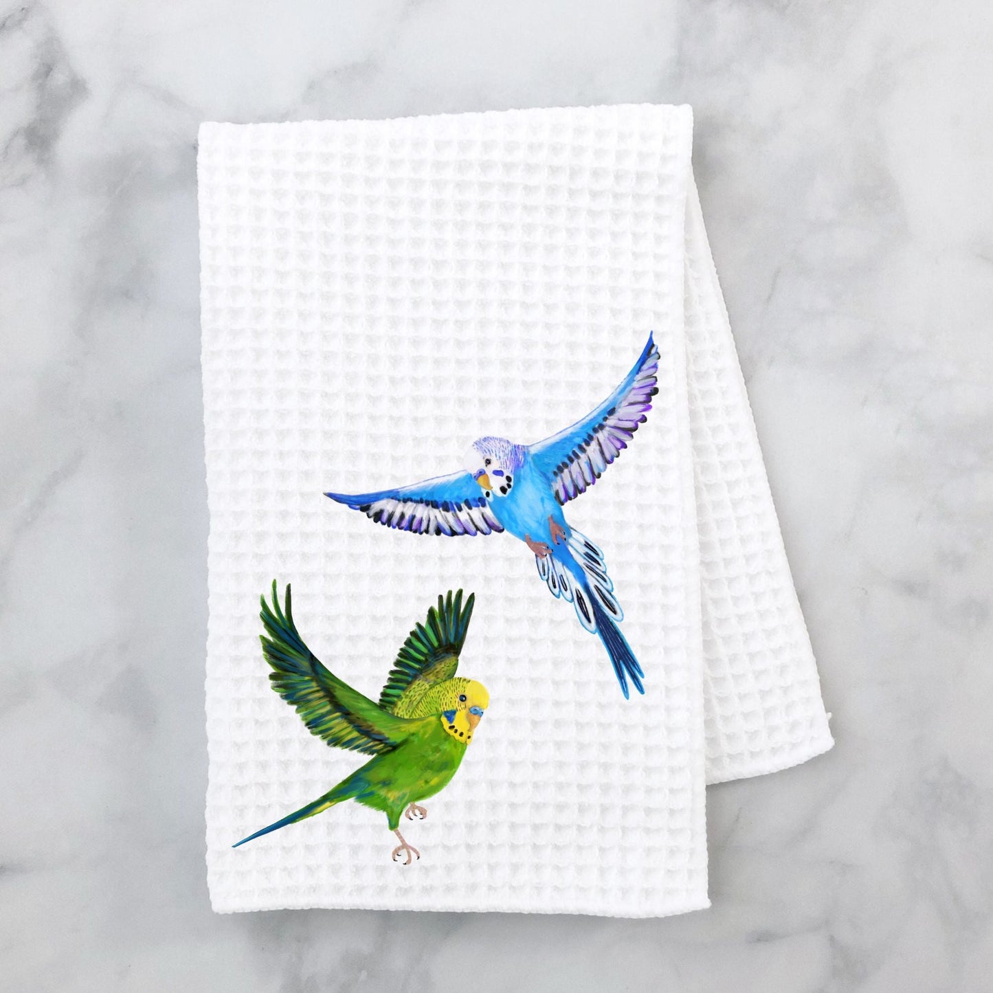 Flying Green And Blue Budgies Kitchen Towel - MerikaArt