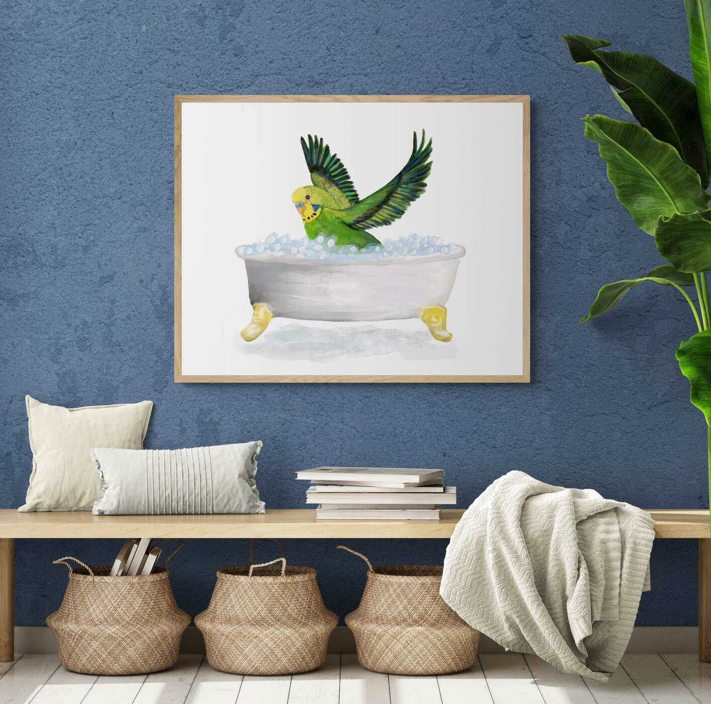 Flying Green Parakeet Bathing Print, Budgie In Bathtub, Bathroom Wall Art, Bird Memorial Painting, Bird Relaxing In Bath Print, Bird Lover - MerikaArt