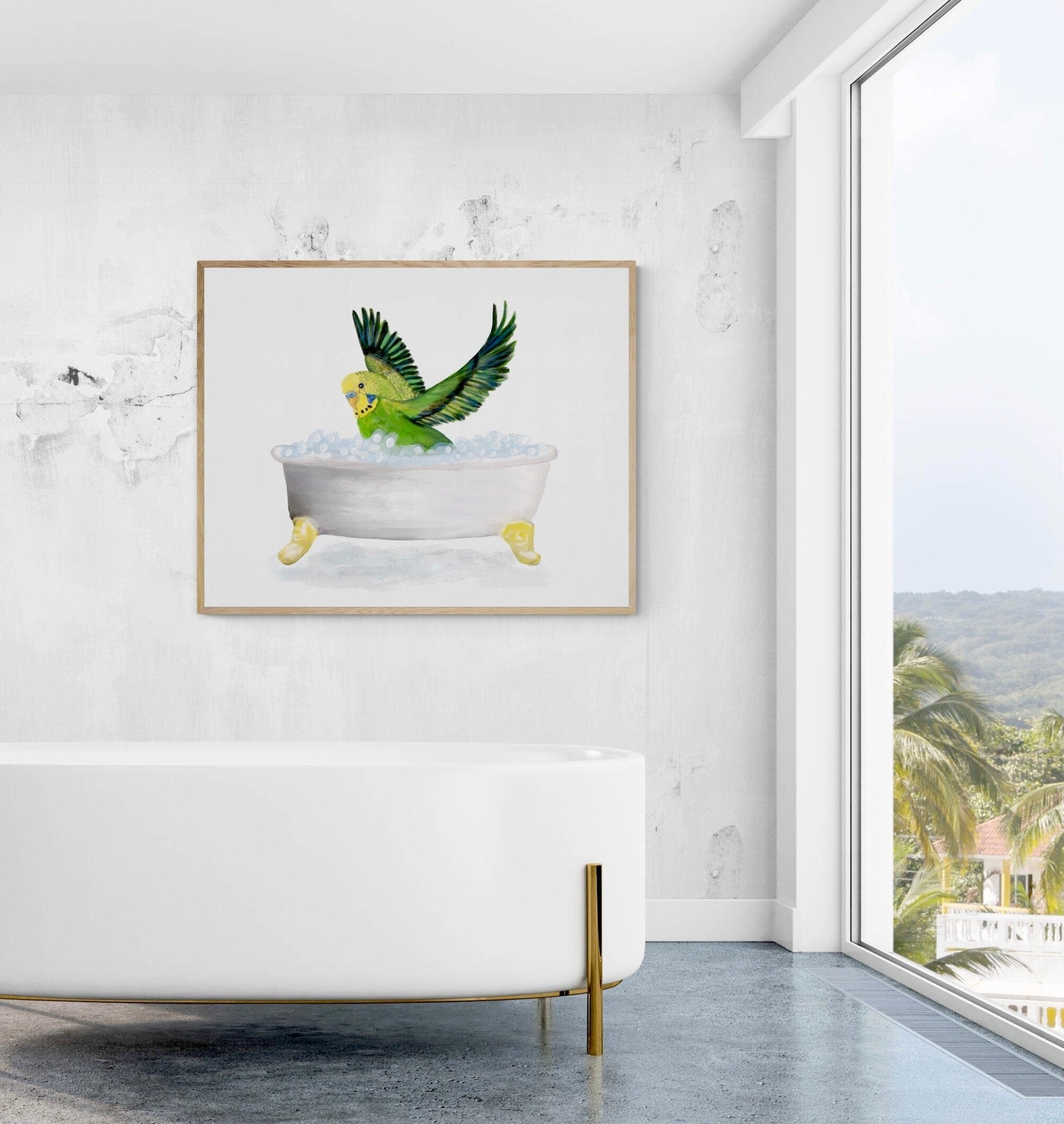 Flying Green Parakeet Bathing Print, Budgie In Bathtub, Bathroom Wall Art, Bird Memorial Painting, Bird Relaxing In Bath Print, Bird Lover - MerikaArt
