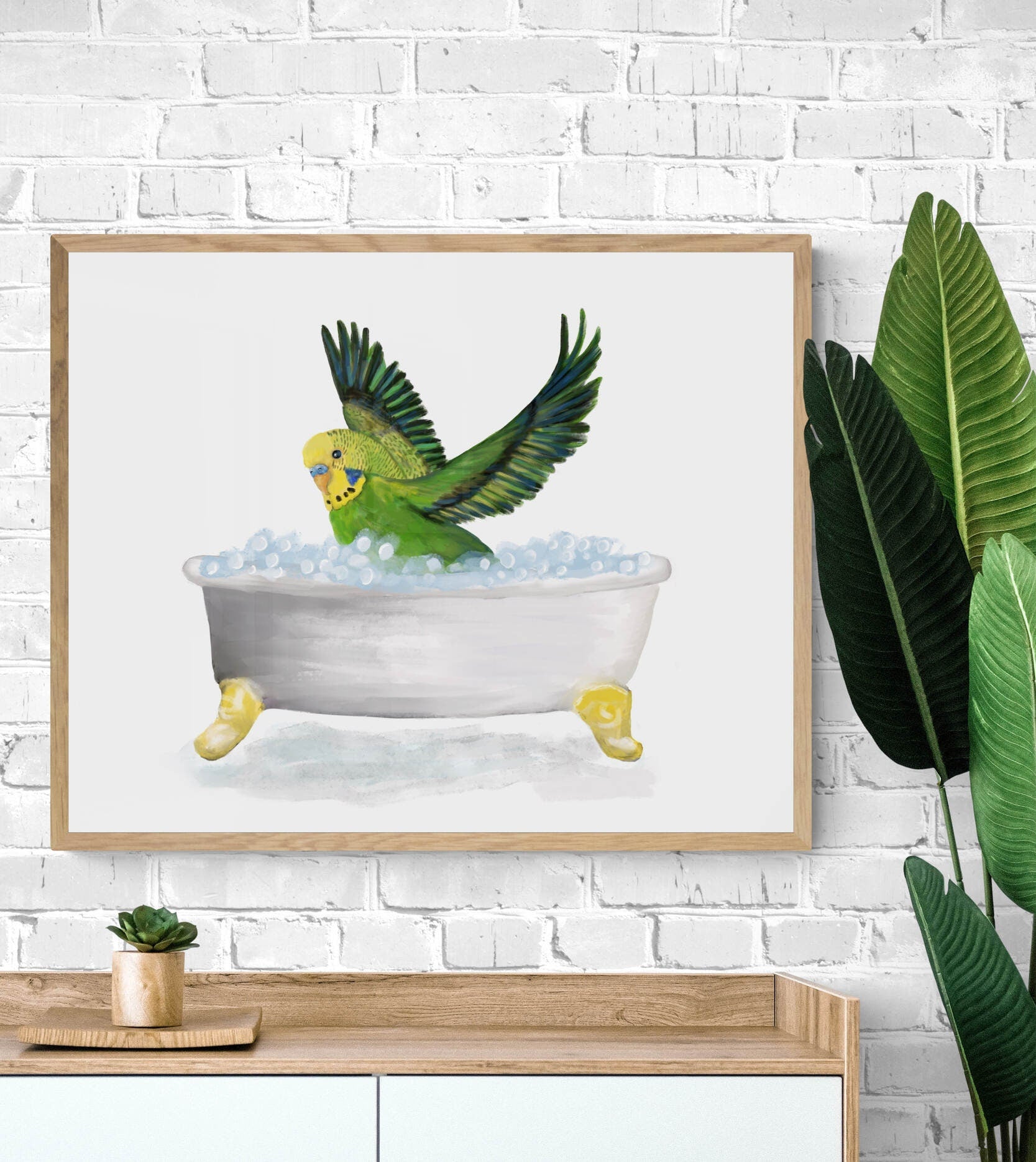 Flying Green Parakeet Bathing Print, Budgie In Bathtub, Bathroom Wall Art, Bird Memorial Painting, Bird Relaxing In Bath Print, Bird Lover - MerikaArt