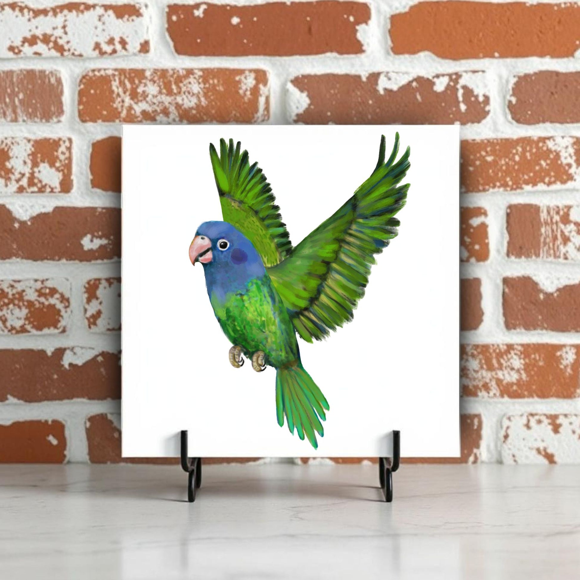 Flying Green Parrot Ceramic Tile - MerikaArt
