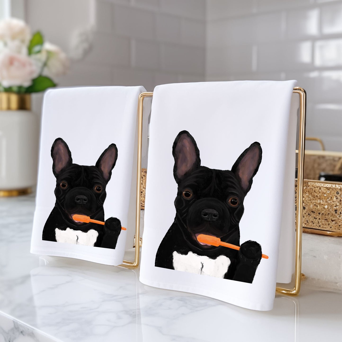 French Bulldog Brushing Teeth Bathroom Towel - MerikaArt