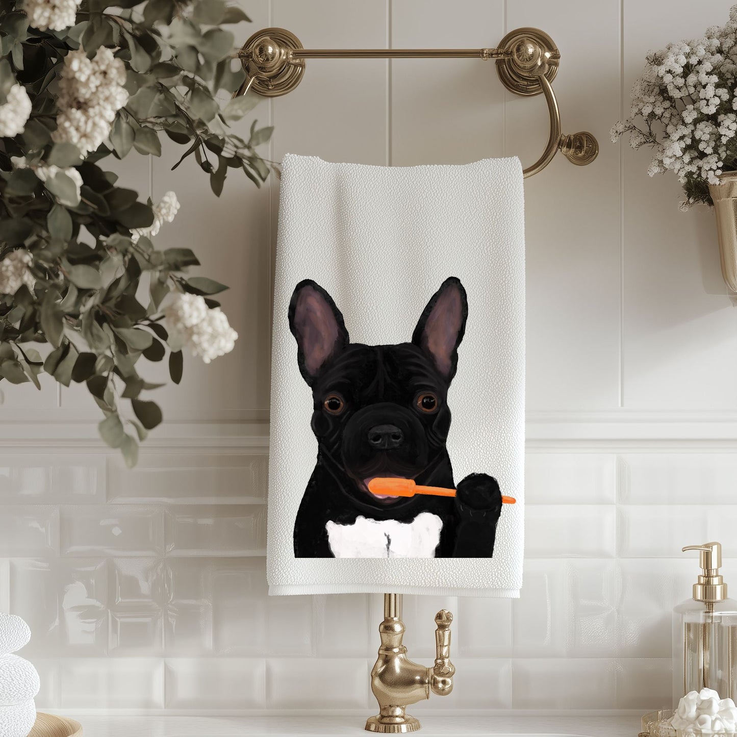 French Bulldog Brushing Teeth Bathroom Towel - MerikaArt