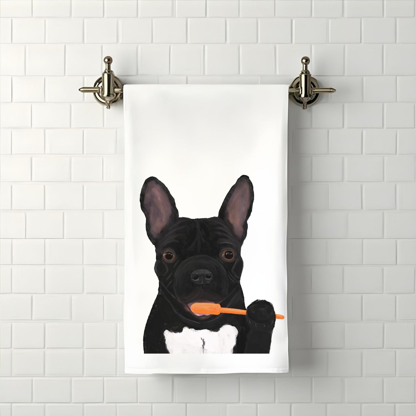 French Bulldog Brushing Teeth Bathroom Towel - MerikaArt