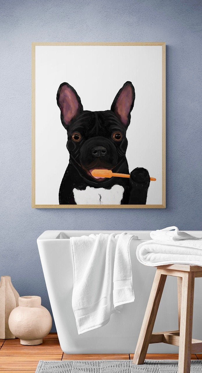 French Bulldog Brushing Teeth Print - MerikaArt