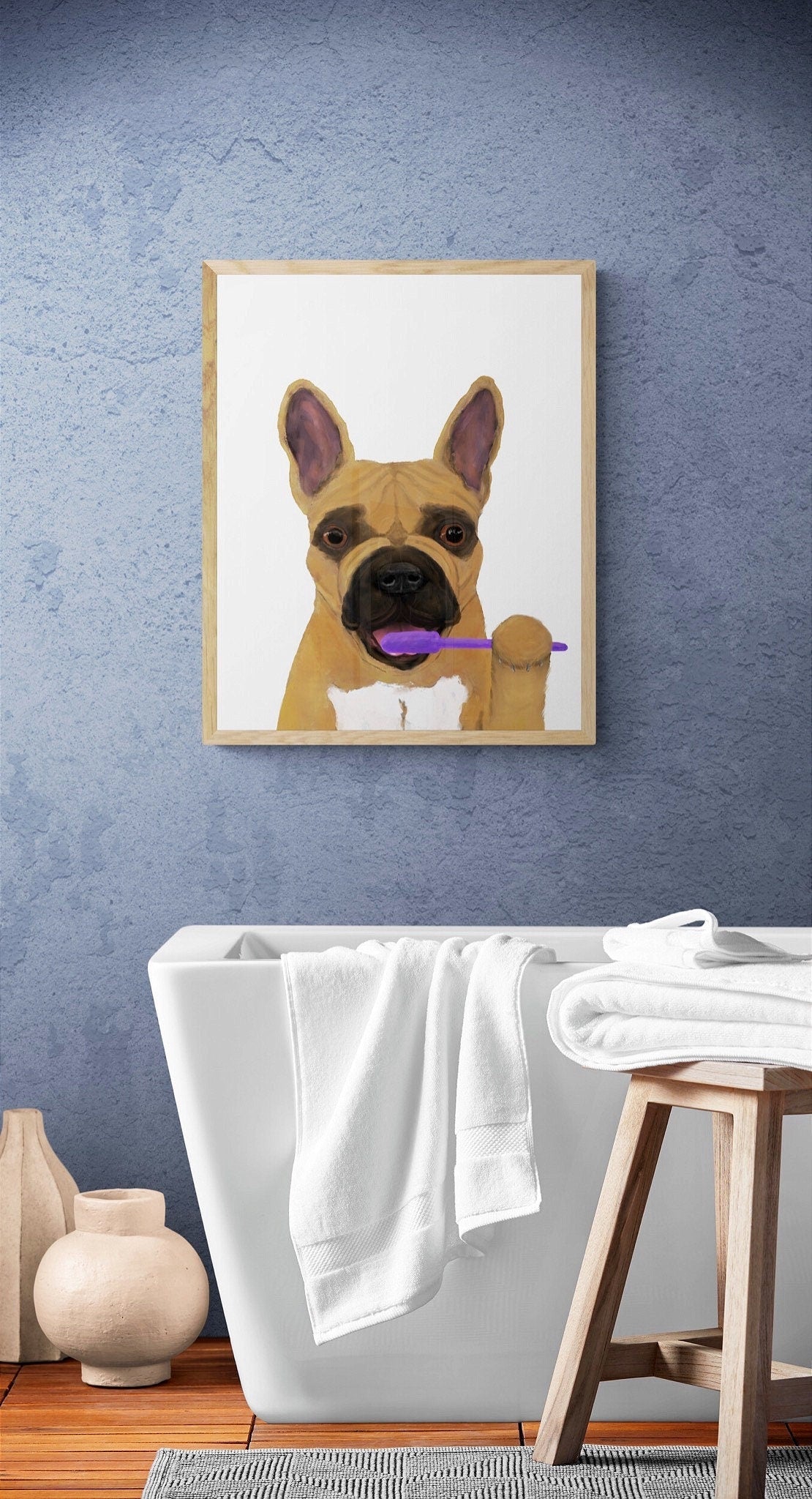 French Bulldog Brushing Teeth Print, Brown Frenchie with Toothbrush, Bathroom Wall Art, Dog Painting, Dog In Bath Illustration, Dog Lover - MerikaArt