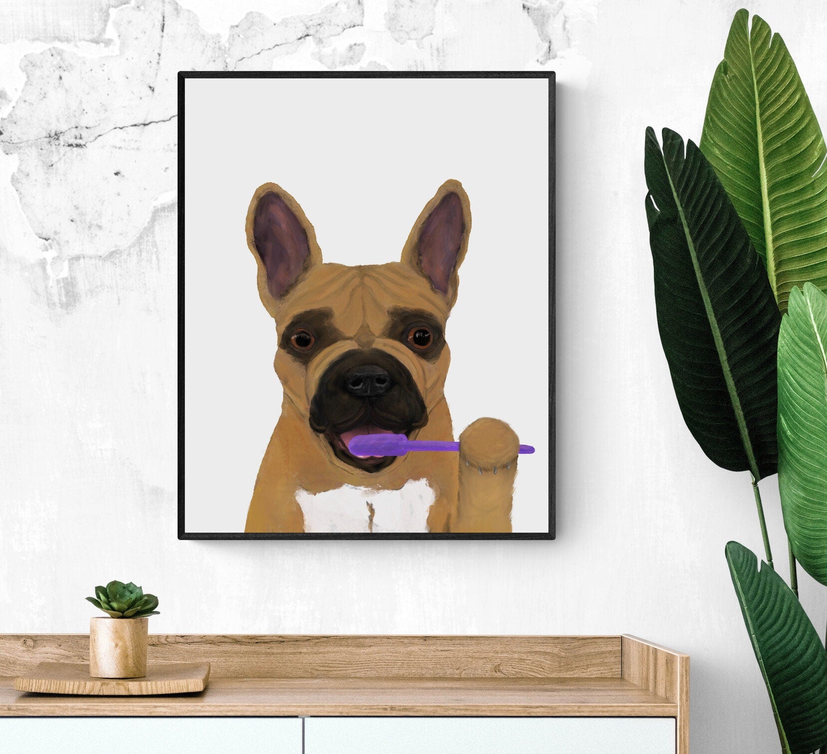 French Bulldog Brushing Teeth Print, Brown Frenchie with Toothbrush, Bathroom Wall Art, Dog Painting, Dog In Bath Illustration, Dog Lover - MerikaArt