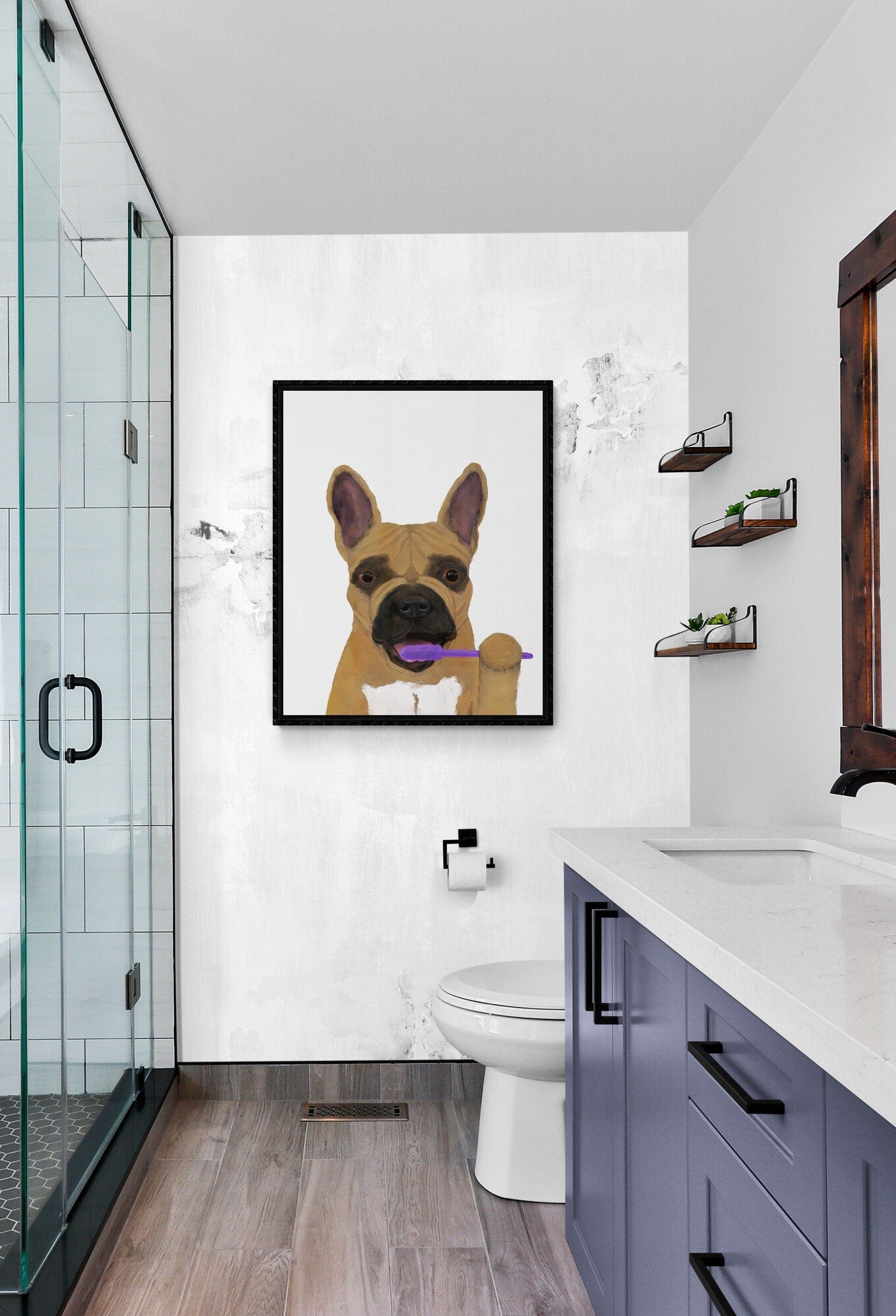 French Bulldog Brushing Teeth Print, Brown Frenchie with Toothbrush, Bathroom Wall Art, Dog Painting, Dog In Bath Illustration, Dog Lover - MerikaArt