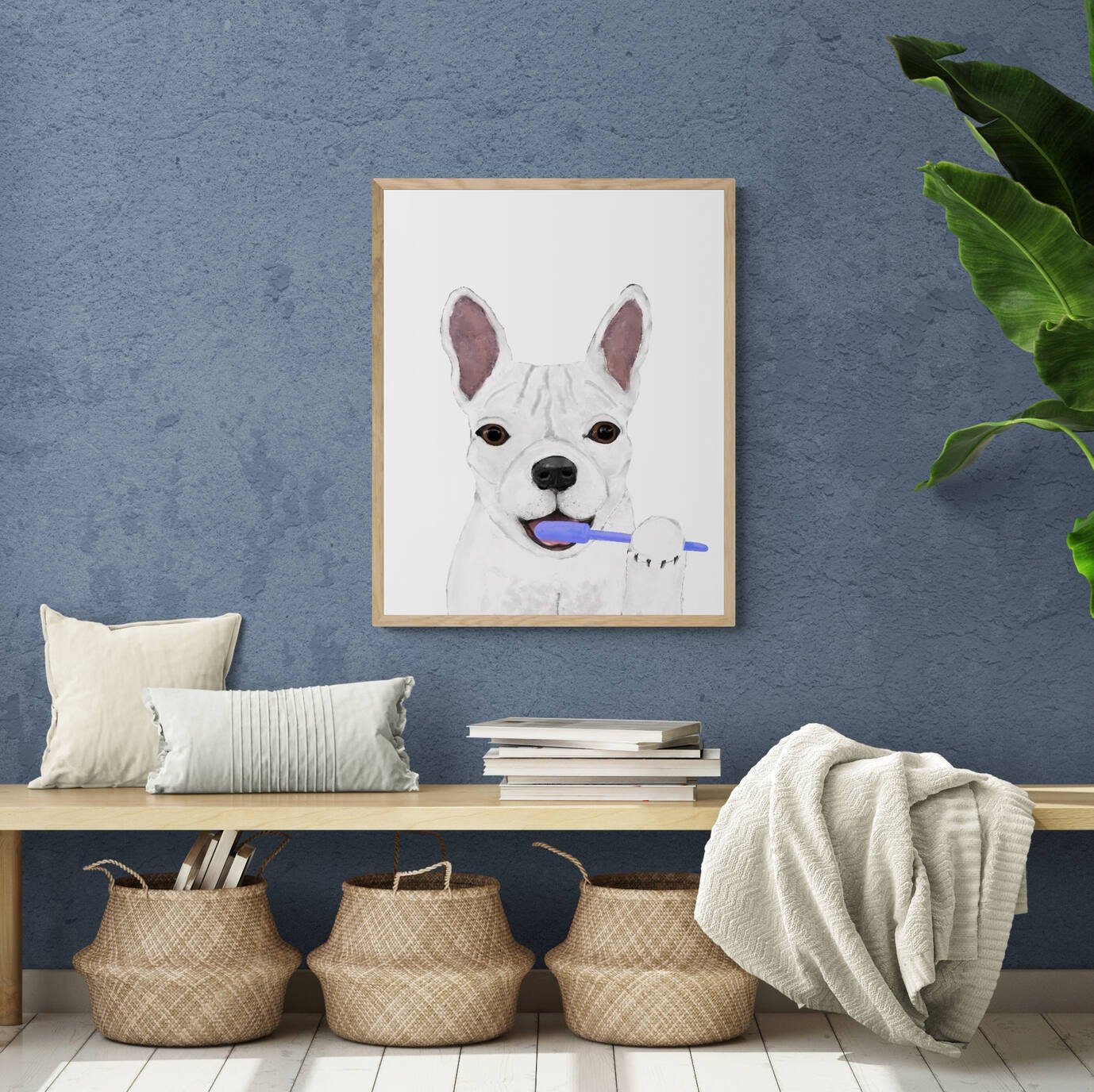 French Bulldog Brushing Teeth Print, White Frenchie with Toothbrush, Bathroom Wall Art, Dog Painting, Dog In Bath Illustration, Dog Lover - MerikaArt