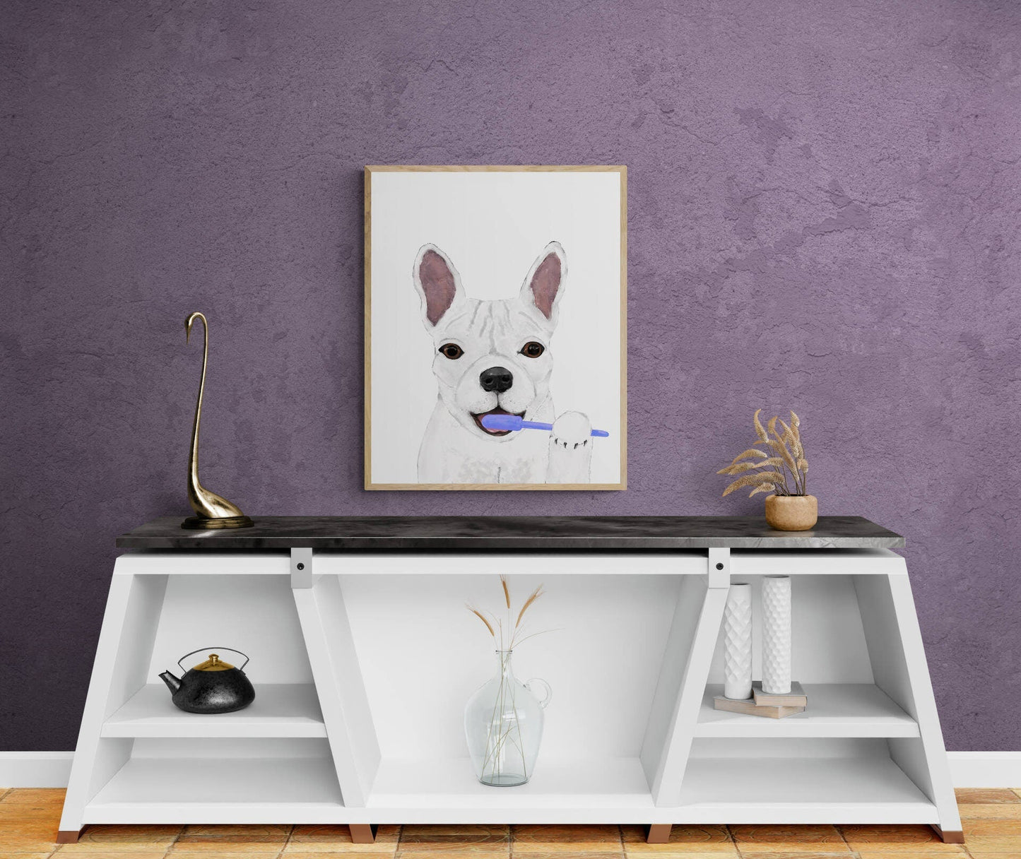 French Bulldog Brushing Teeth Print, White Frenchie with Toothbrush, Bathroom Wall Art, Dog Painting, Dog In Bath Illustration, Dog Lover - MerikaArt