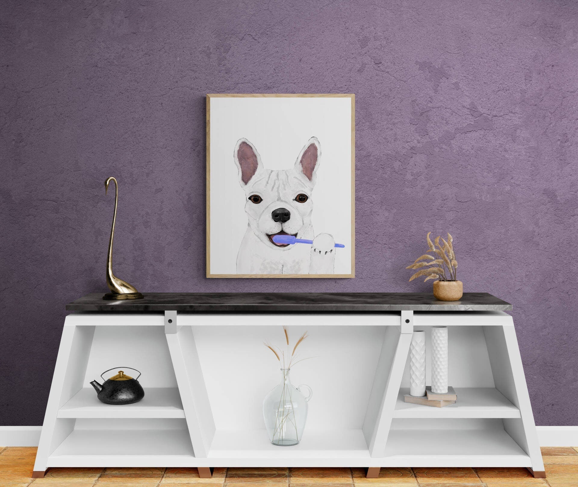 French Bulldog Brushing Teeth Print, White Frenchie with Toothbrush, Bathroom Wall Art, Dog Painting, Dog In Bath Illustration, Dog Lover - MerikaArt