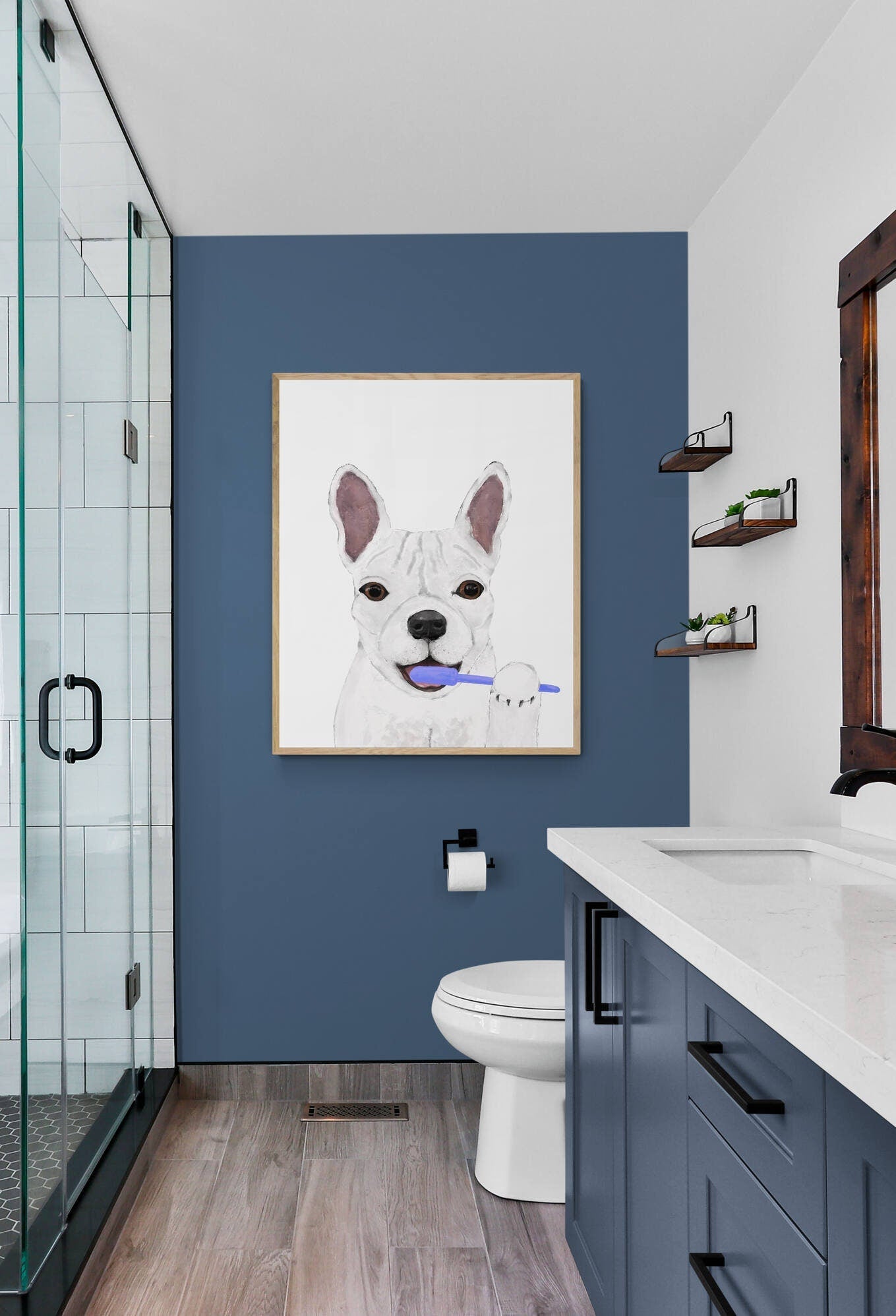 French Bulldog Brushing Teeth Print, White Frenchie with Toothbrush, Bathroom Wall Art, Dog Painting, Dog In Bath Illustration, Dog Lover - MerikaArt