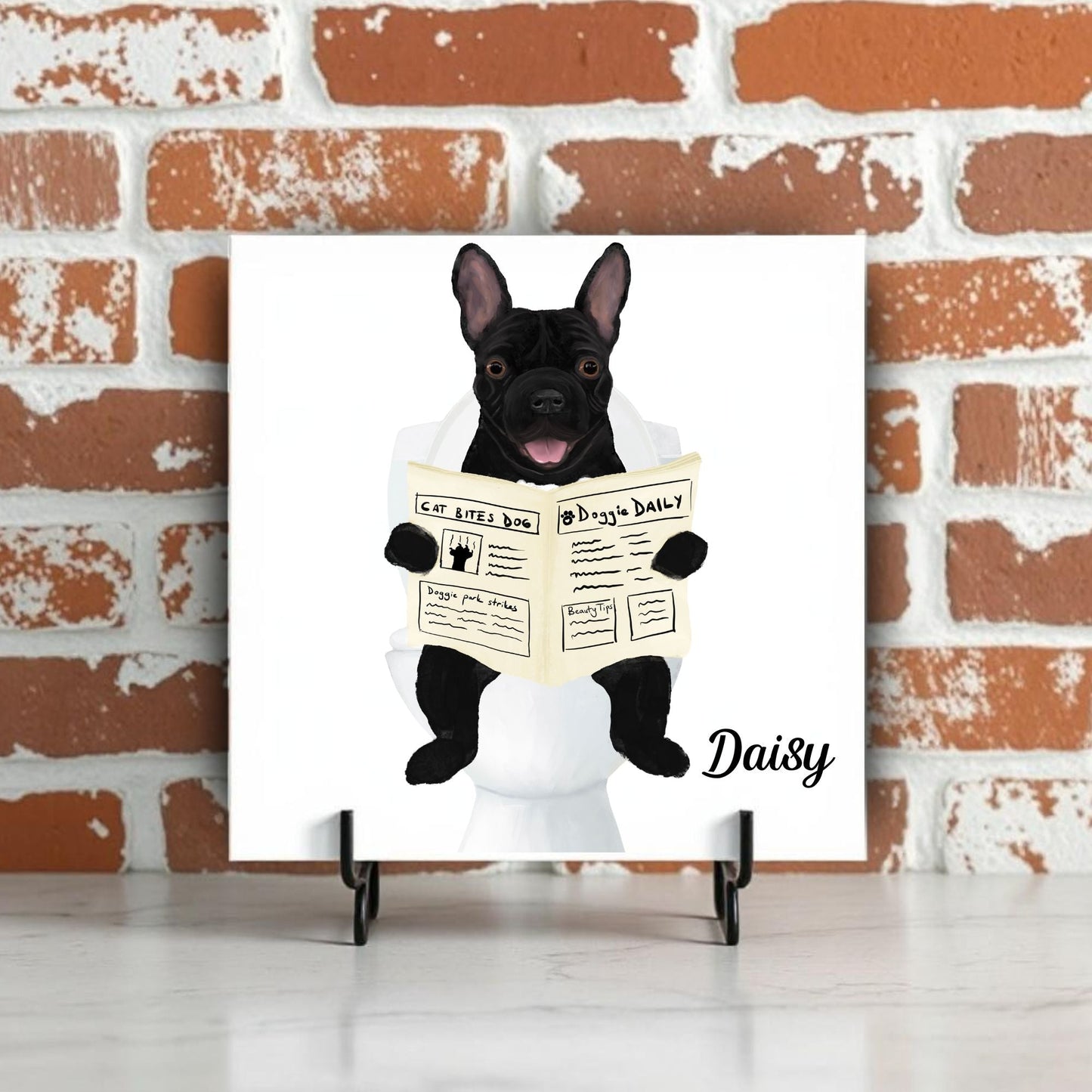 French Bulldog Reading Newspaper Bathroom Ceramic Tile - MerikaArt