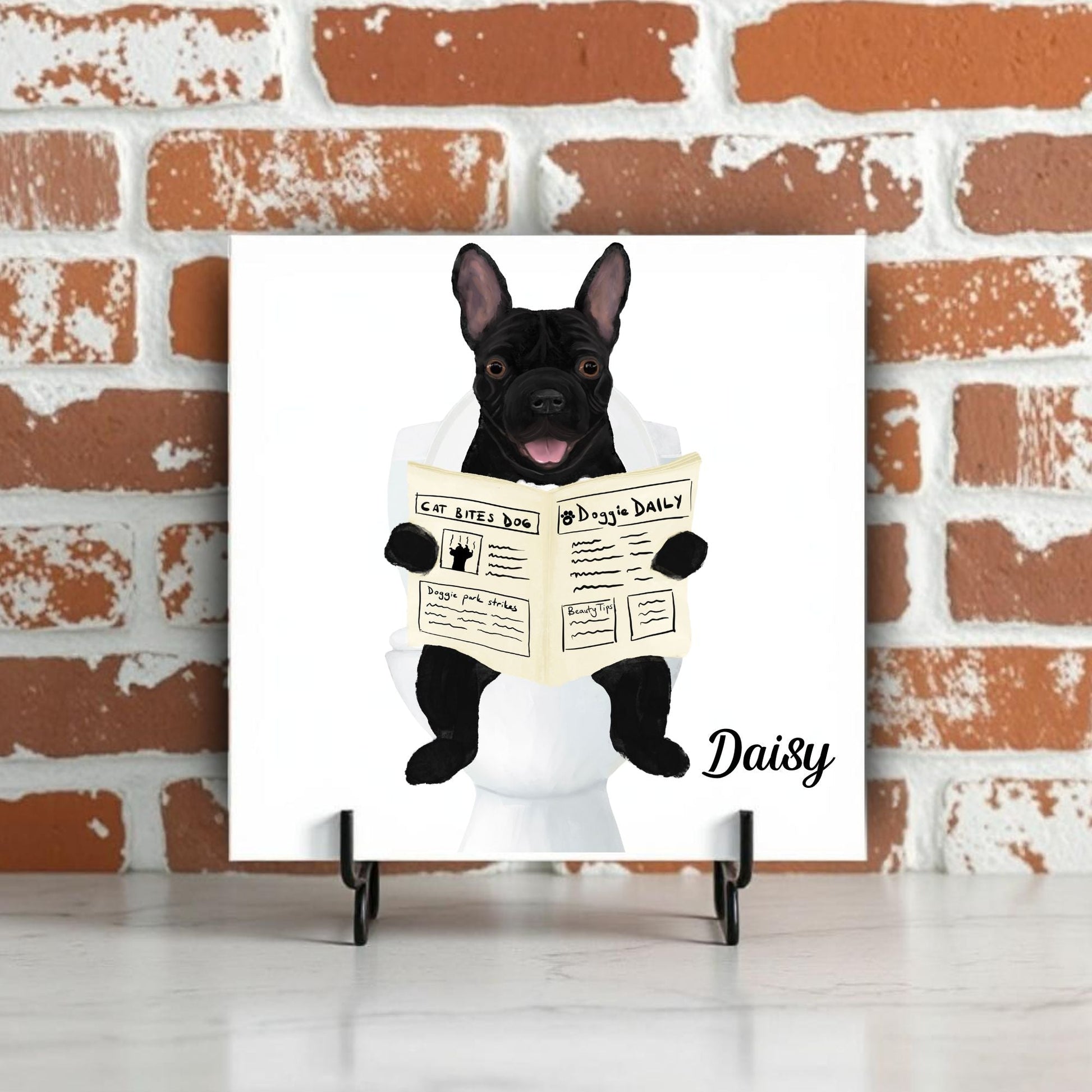 French Bulldog Reading Newspaper Bathroom Ceramic Tile - MerikaArt