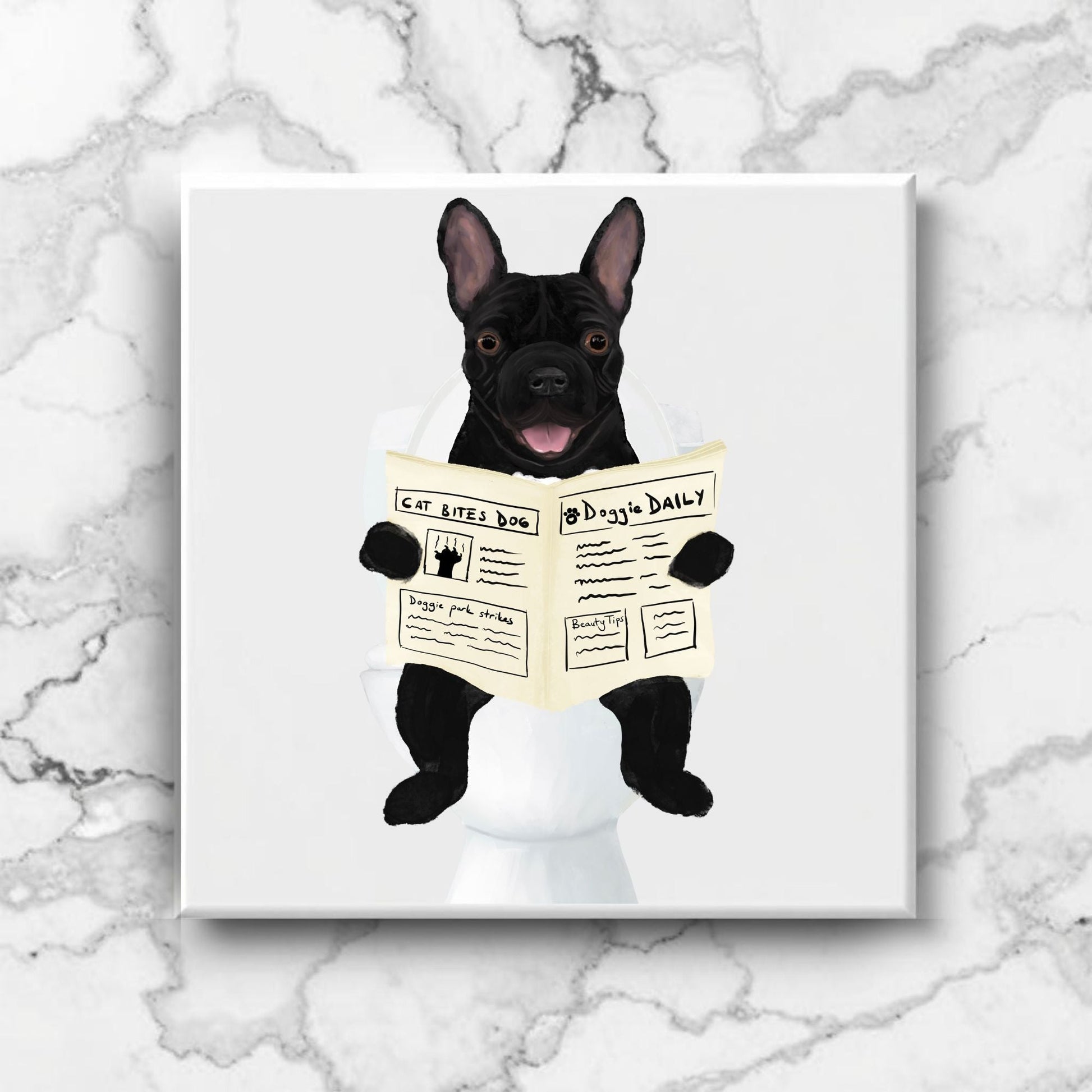 French Bulldog Reading Newspaper Bathroom Ceramic Tile - MerikaArt