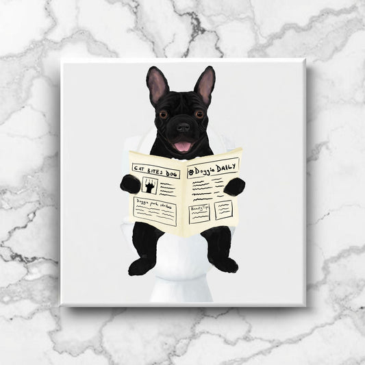 French Bulldog Reading Newspaper Bathroom Ceramic Tile - MerikaArt