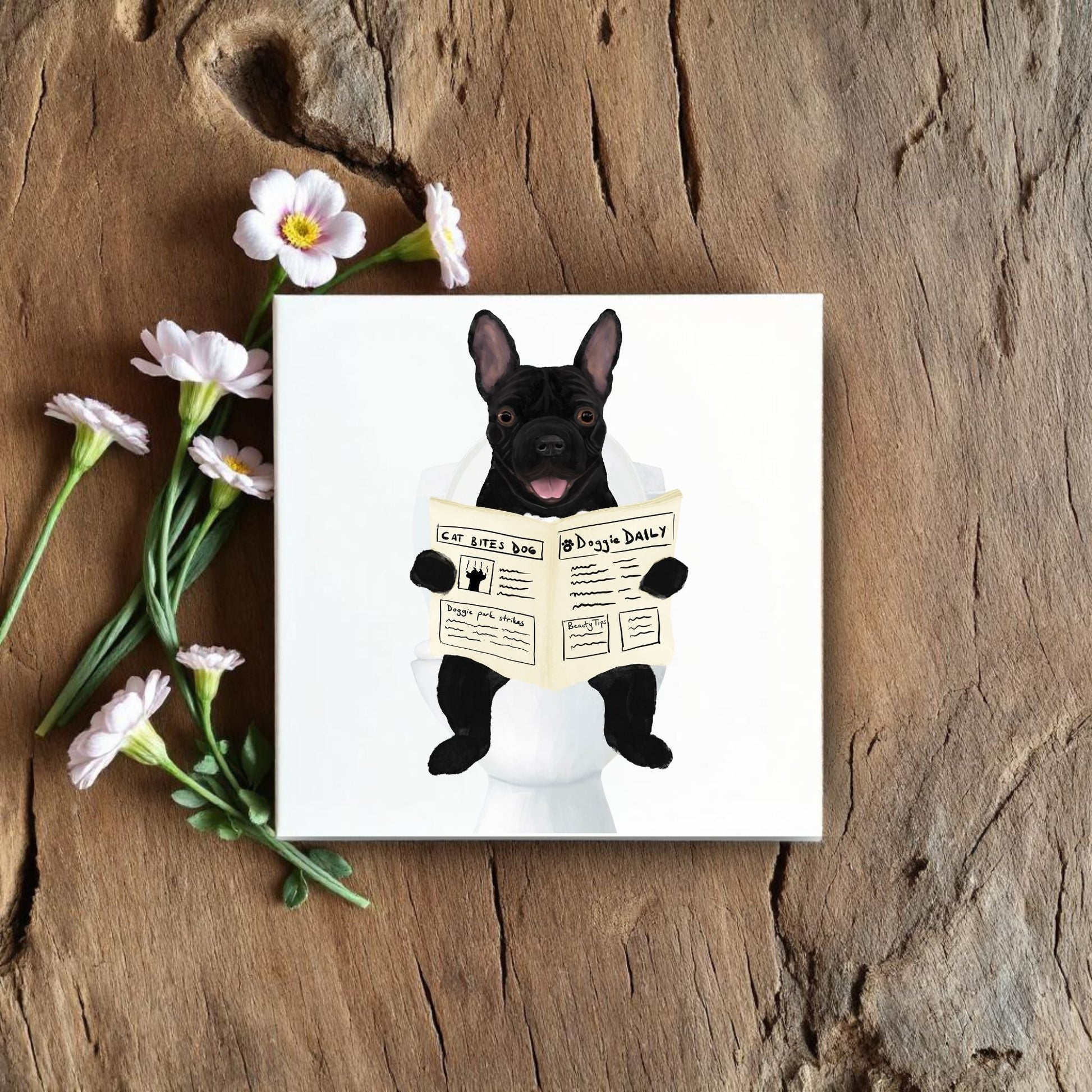 French Bulldog Reading Newspaper Bathroom Ceramic Tile - MerikaArt