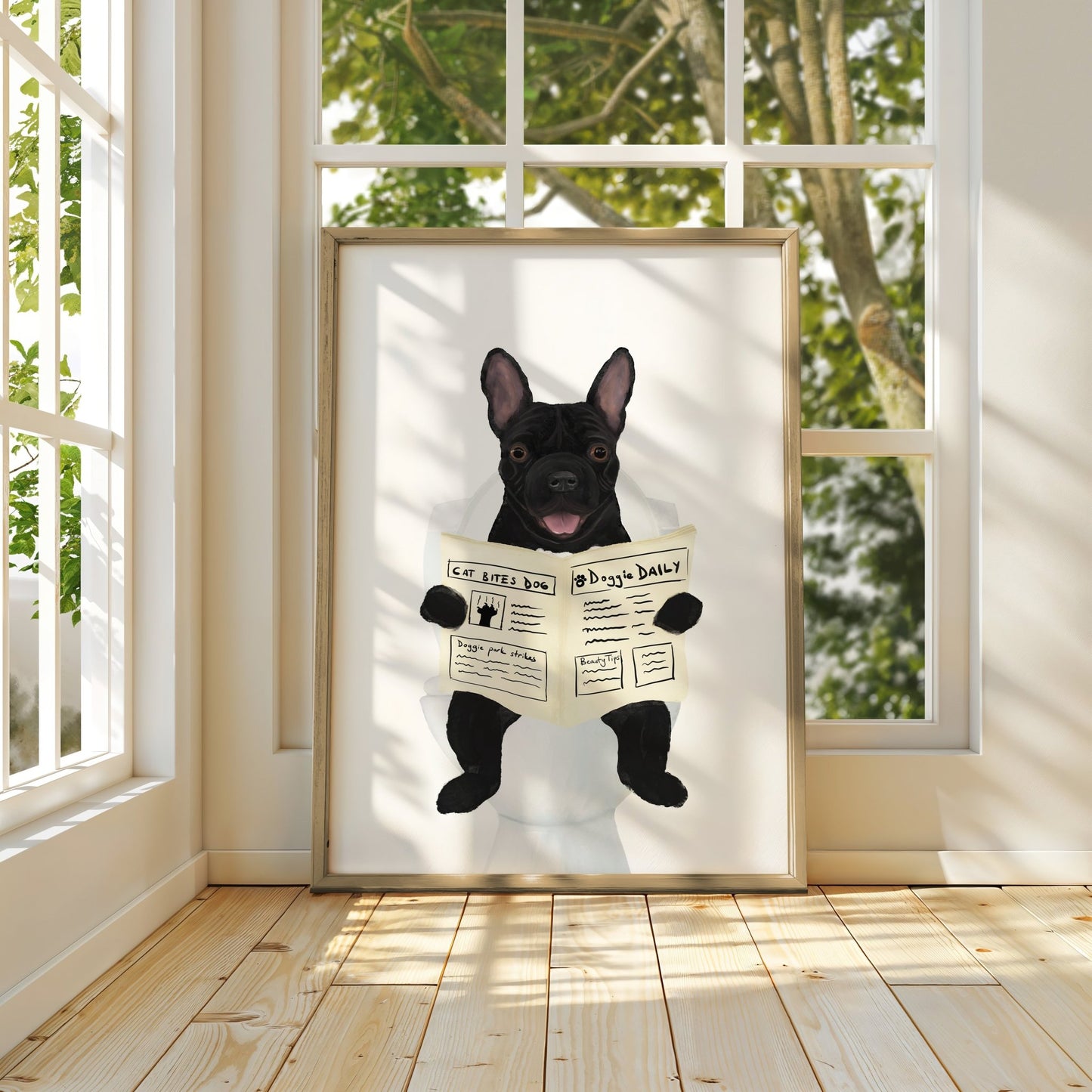 French Bulldog Reading Newspaper on Toilet – Fun Dog Art Print - MerikaArt