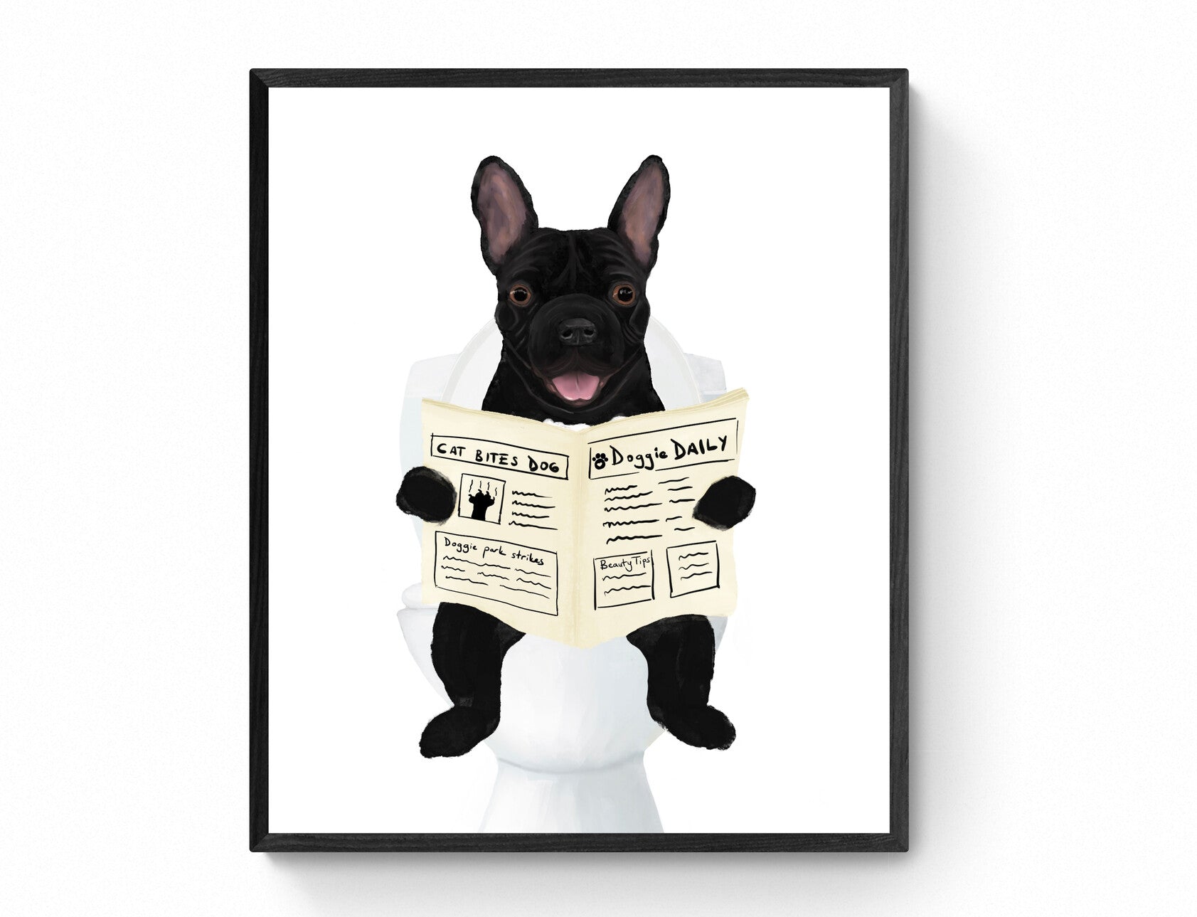 French Bulldog Reading Newspaper on Toilet – Fun Dog Art Print - MerikaArt