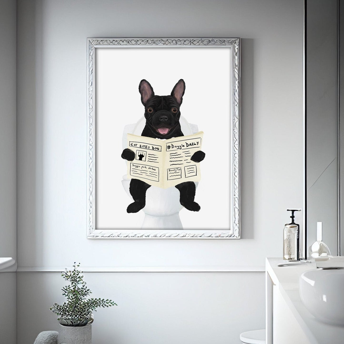 French Bulldog Reading Newspaper on Toilet – Fun Dog Art Print - MerikaArt