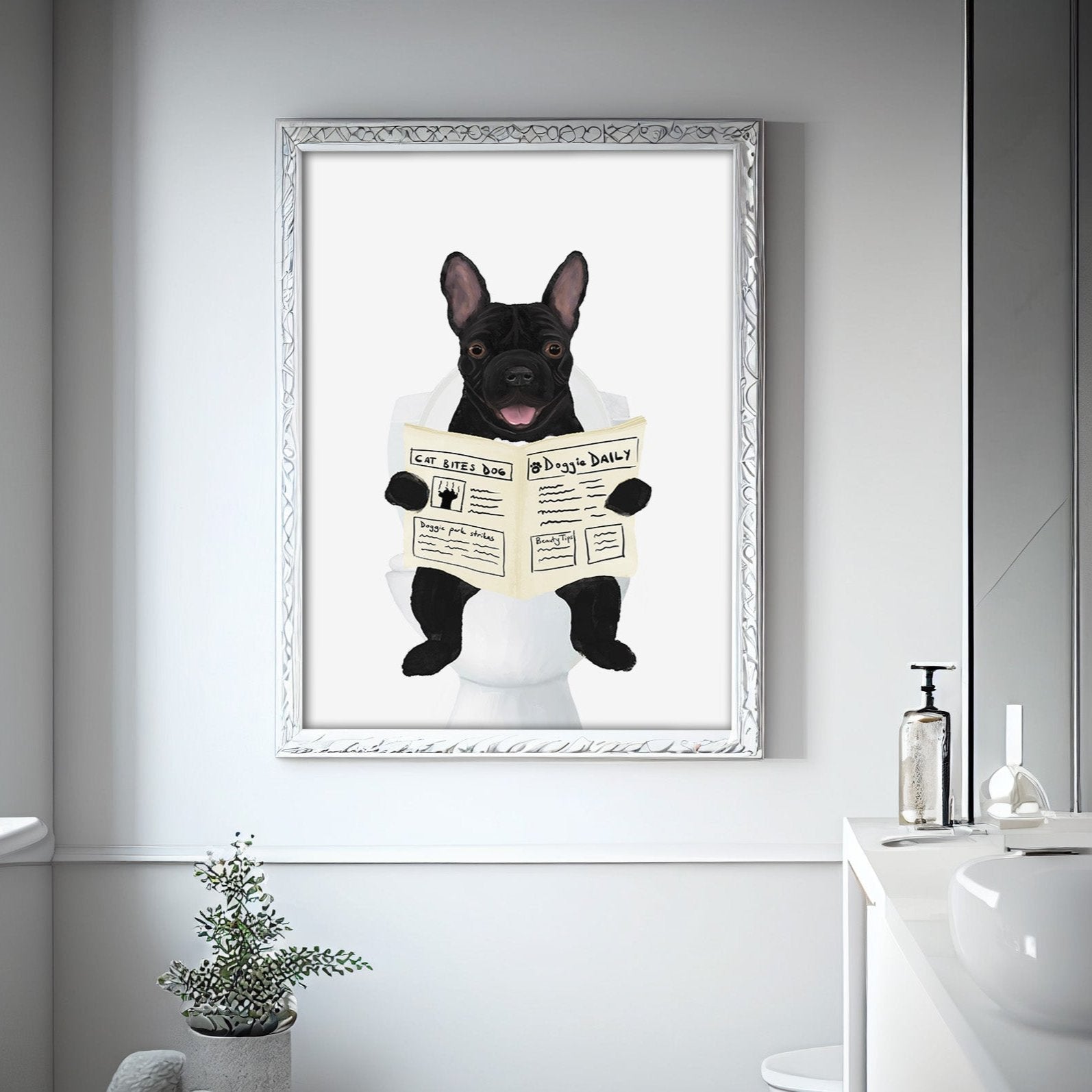 French Bulldog Reading Newspaper on Toilet – Fun Dog Art Print - MerikaArt