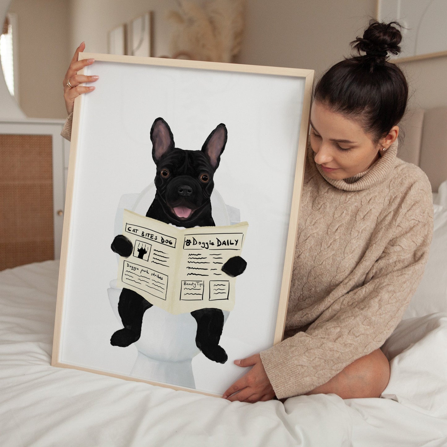 French Bulldog Reading Newspaper on Toilet – Fun Dog Art Print - MerikaArt