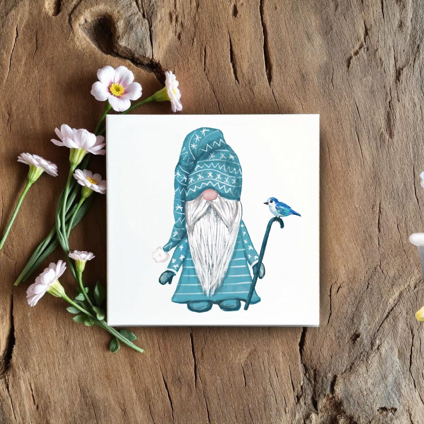 Frosted Gnome with Bluebird Ceramic Tile - MerikaArt