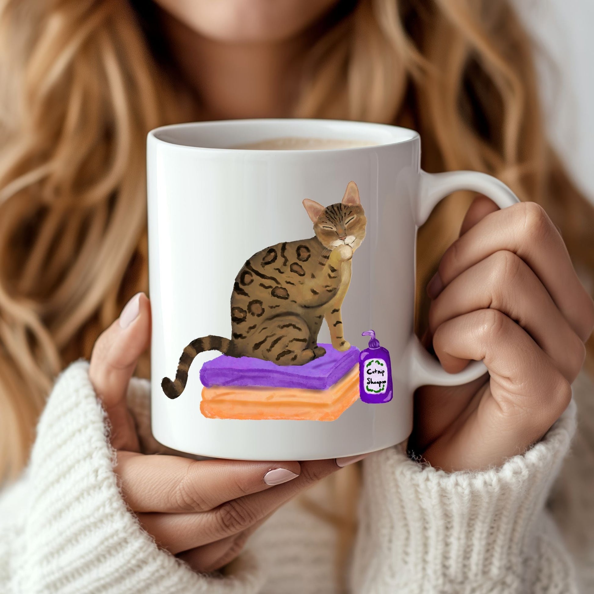 Funny Bengal Cat Mug with Shampoo Illustration - MerikaArt