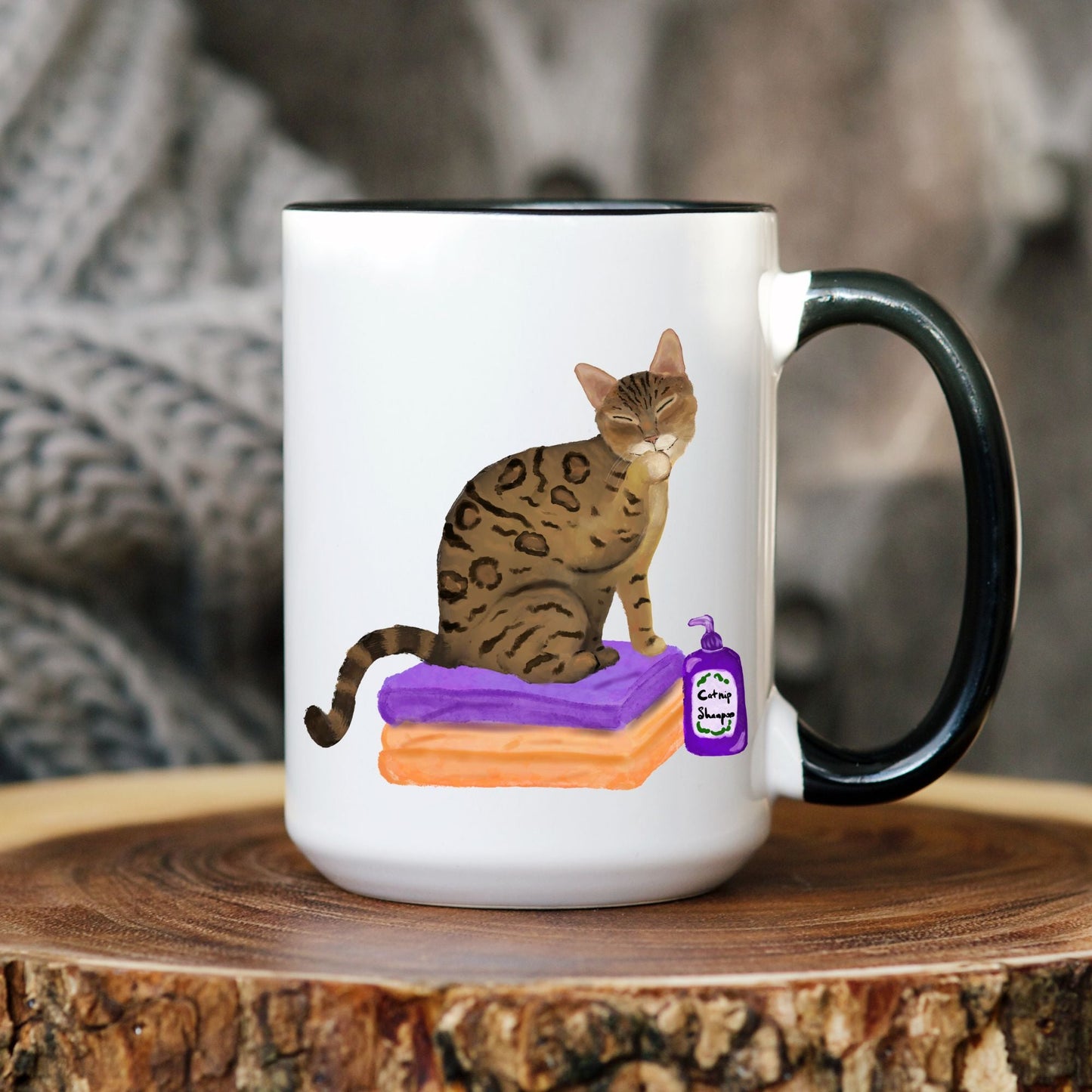 Funny Bengal Cat Mug with Shampoo Illustration - MerikaArt