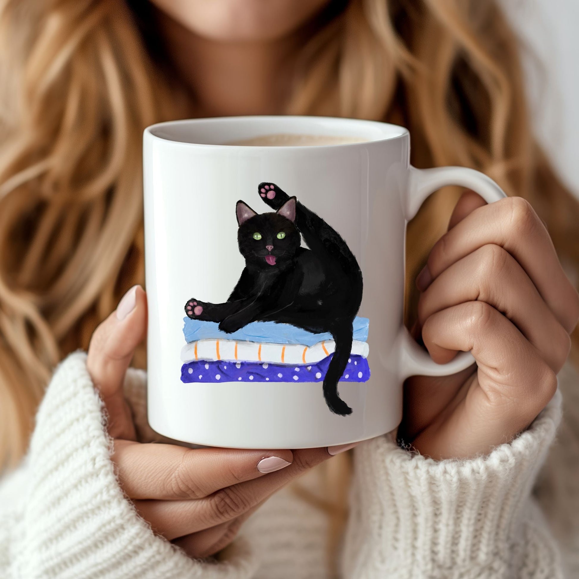 Funny Black Cat on Blankets Ceramic Coffee Mug - MerikaArt