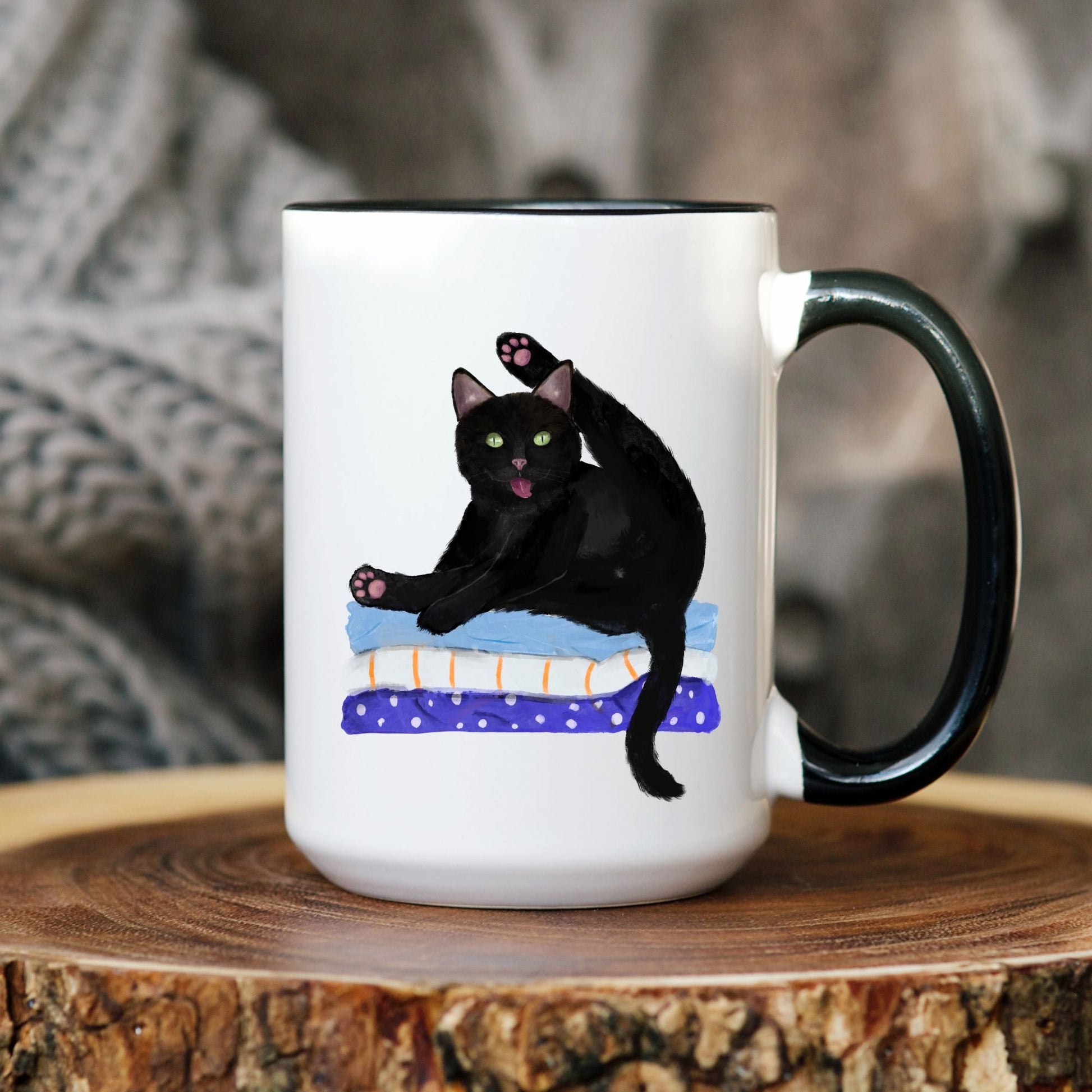 Funny Black Cat on Blankets Ceramic Coffee Mug - MerikaArt