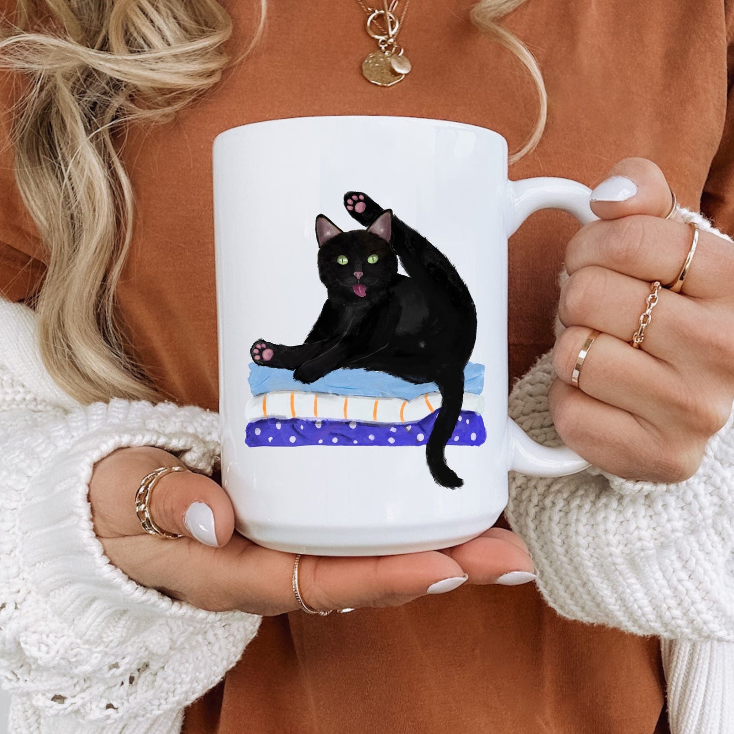 Funny Black Cat on Blankets Ceramic Coffee Mug - MerikaArt