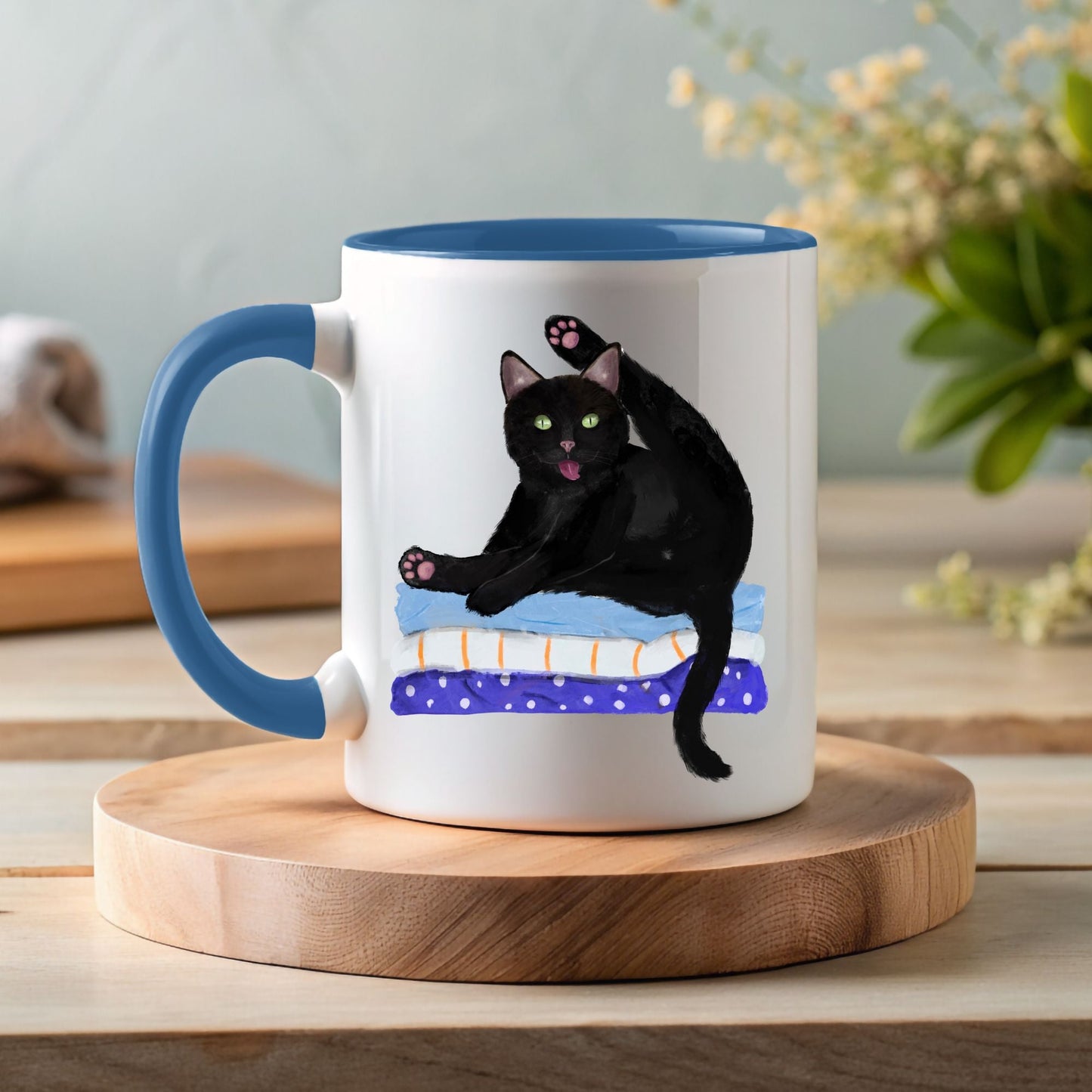 Funny Black Cat on Blankets Ceramic Coffee Mug - MerikaArt