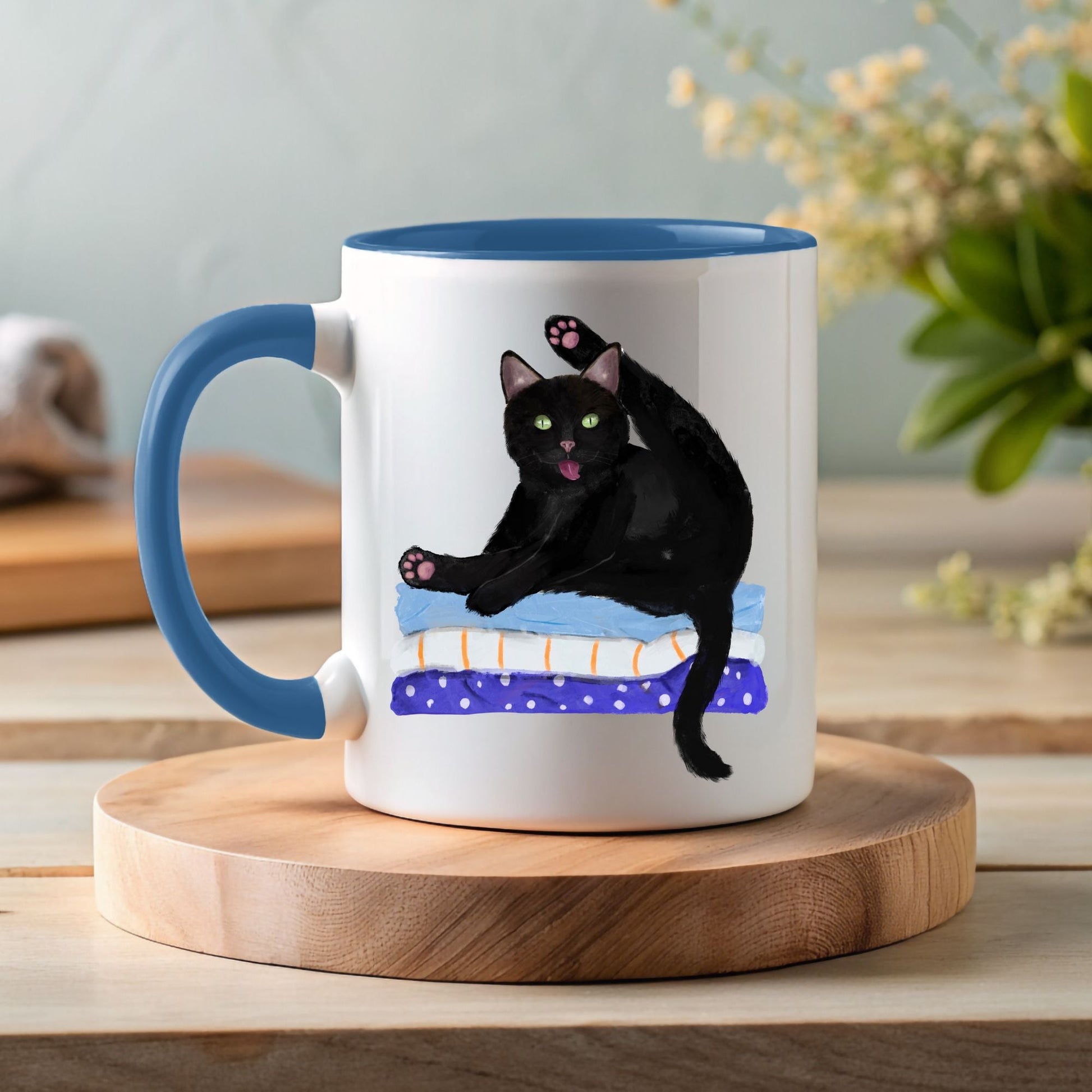 Funny Black Cat on Blankets Ceramic Coffee Mug - MerikaArt