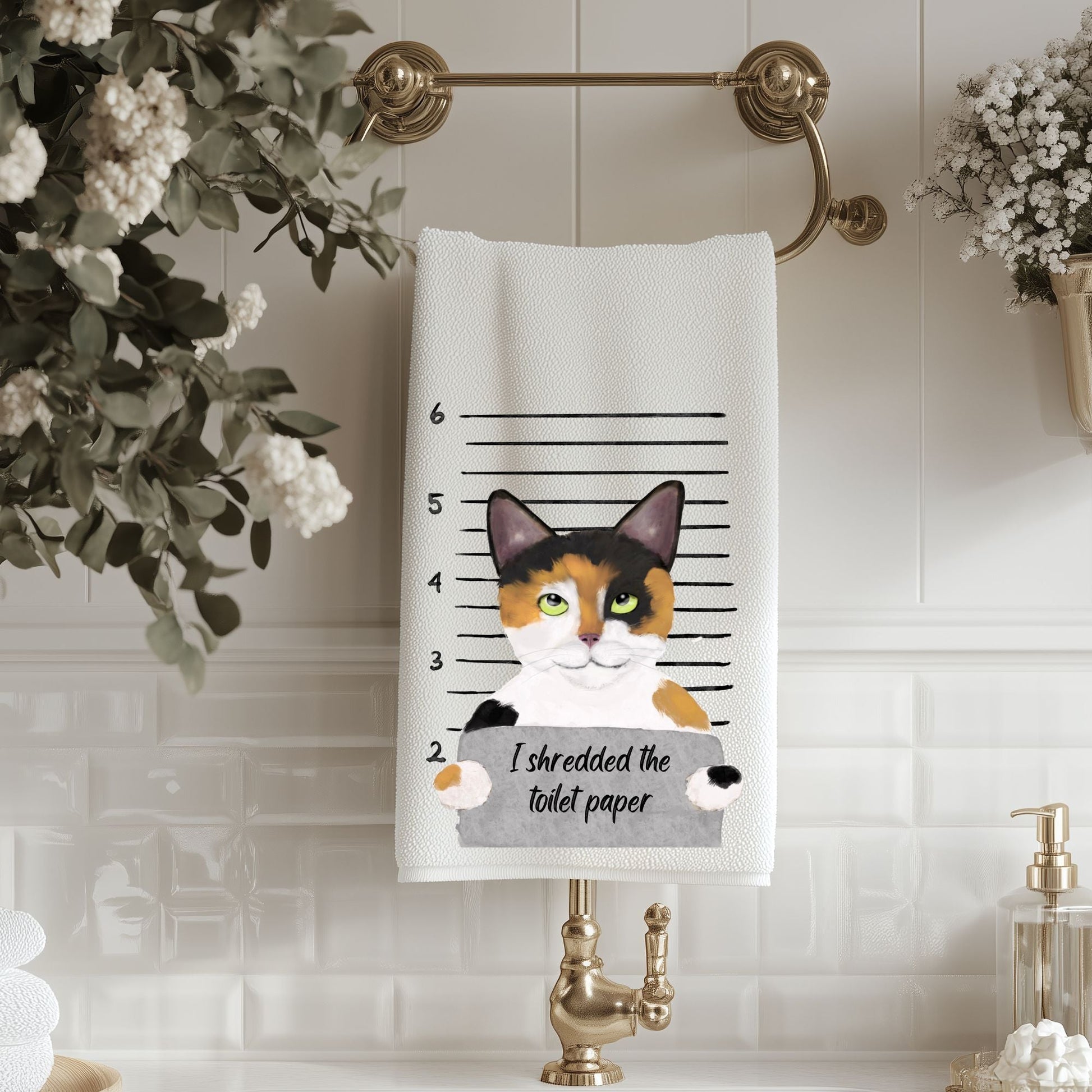 Funny Calico Cat Mugshot Bathroom Towel - MerikaArt