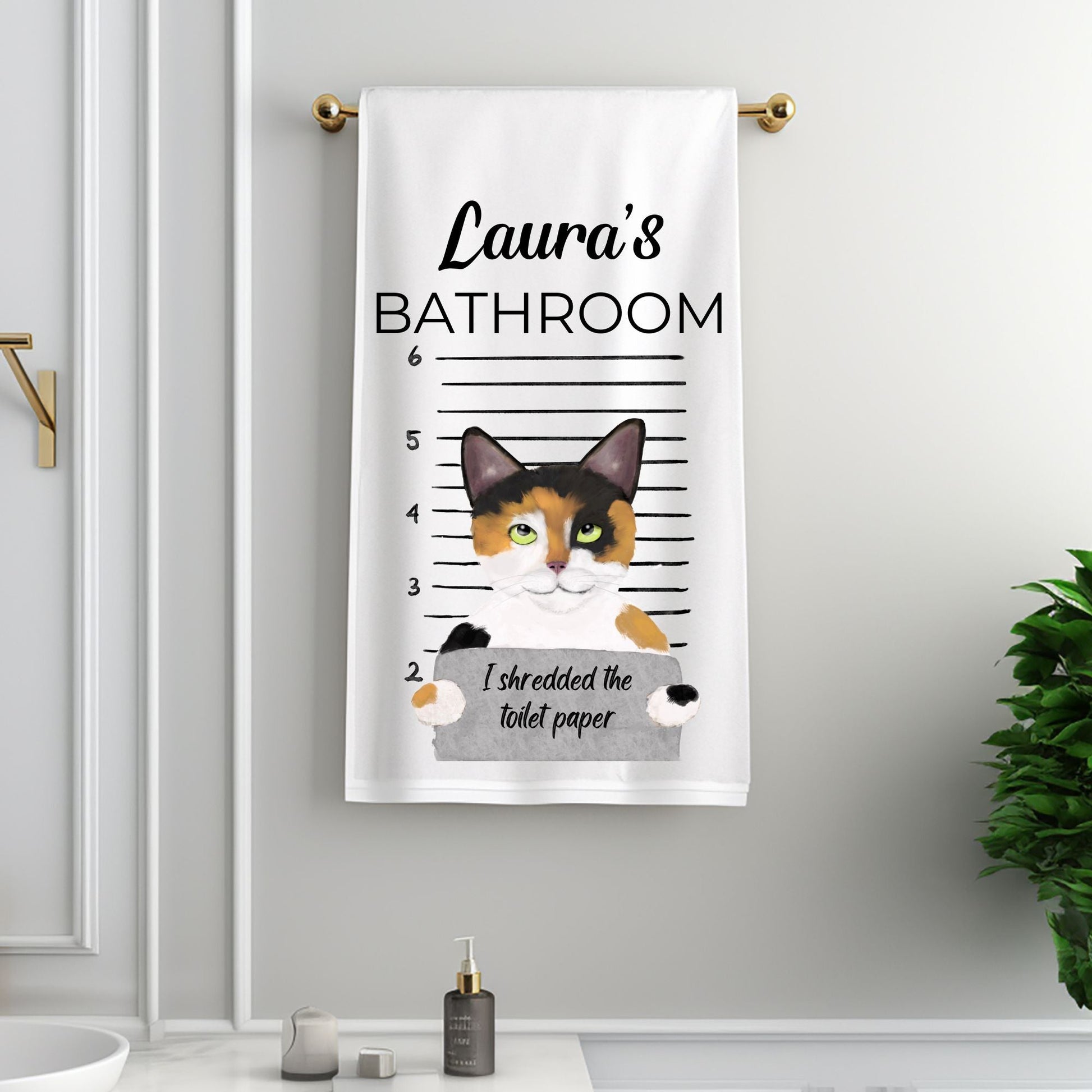 Funny Calico Cat Mugshot Bathroom Towel - MerikaArt