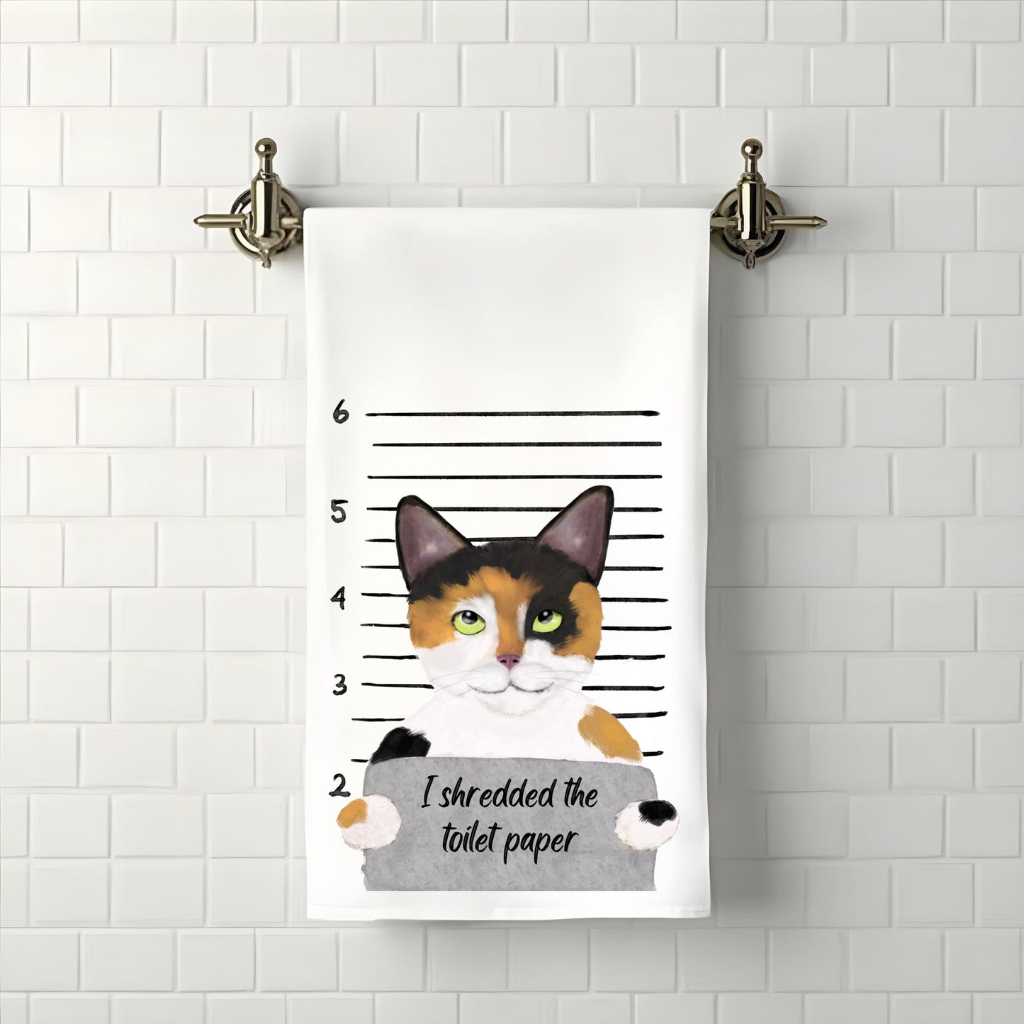 Funny Calico Cat Mugshot Bathroom Towel - MerikaArt
