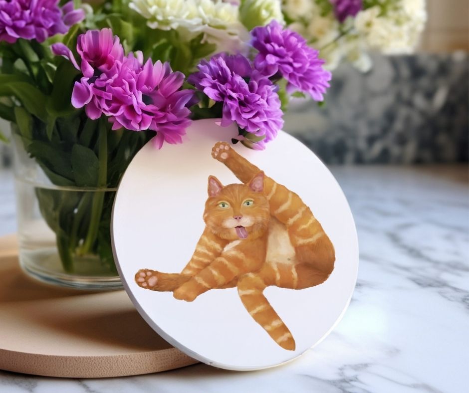 Funny Orange Tabby Cat Ceramic Coaster - MerikaArt