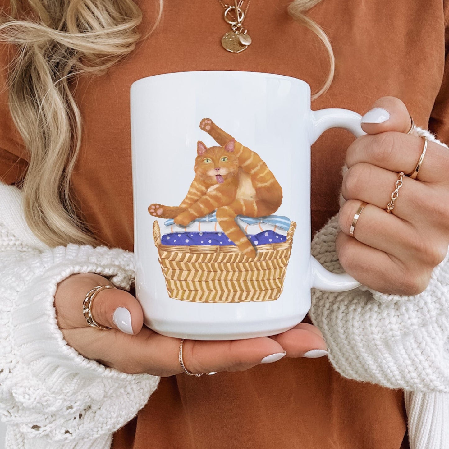 Funny Orange Tabby in Basket Ceramic Coffee Mug - MerikaArt