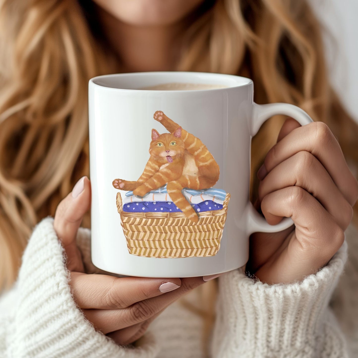 Funny Orange Tabby in Basket Ceramic Coffee Mug - MerikaArt