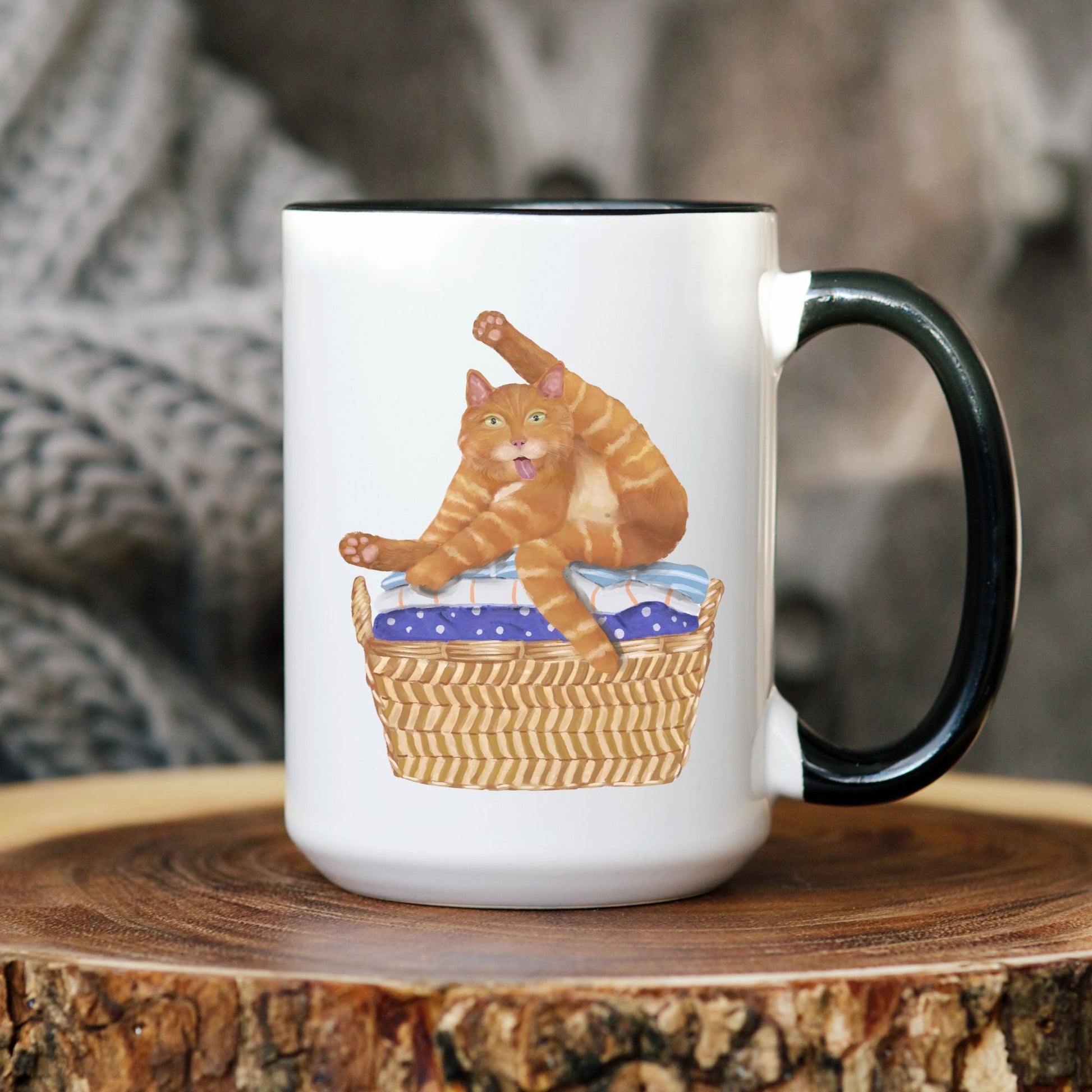 Funny Orange Tabby in Basket Ceramic Coffee Mug - MerikaArt