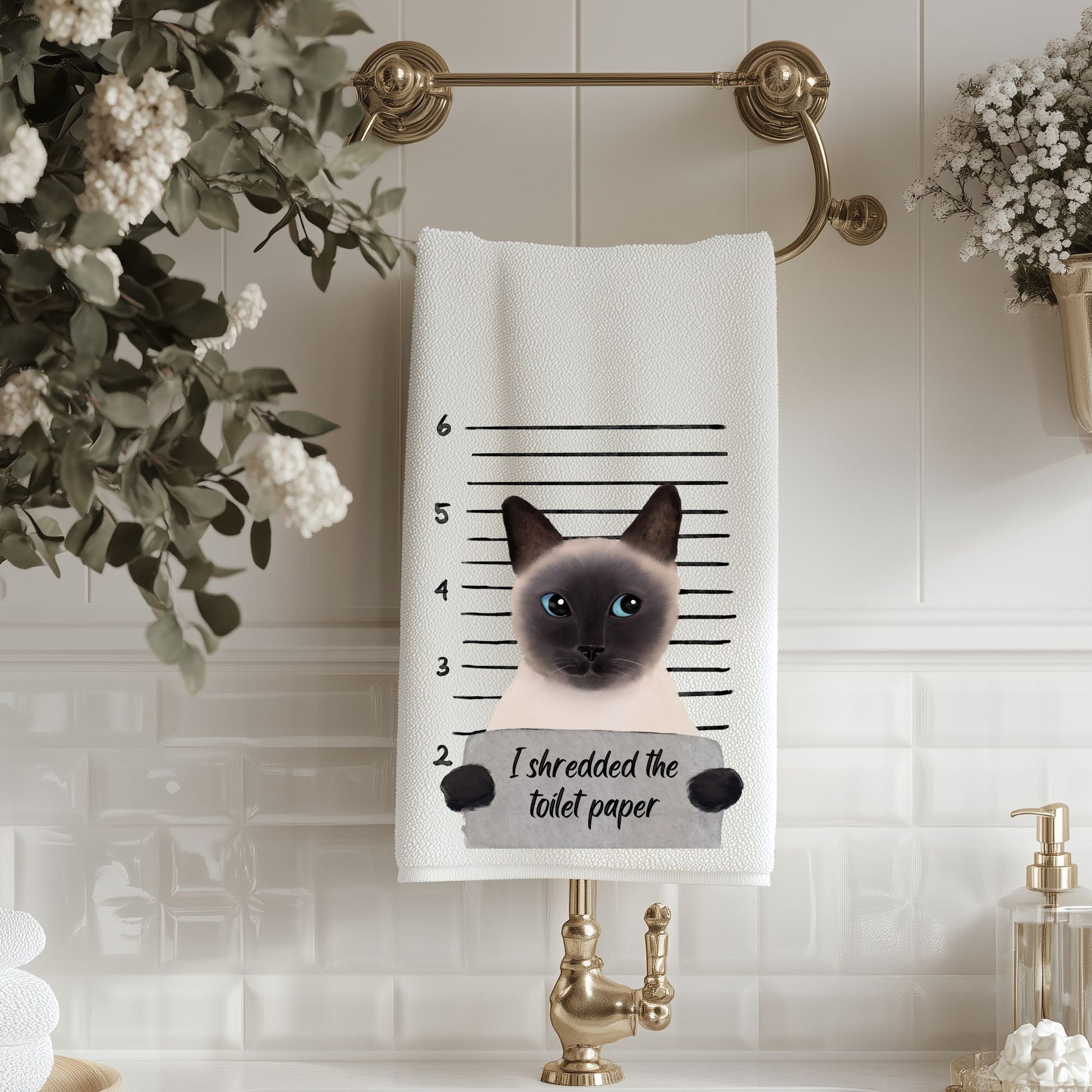 Funny Siamese Cat Mugshot Bathroom Towel - MerikaArt